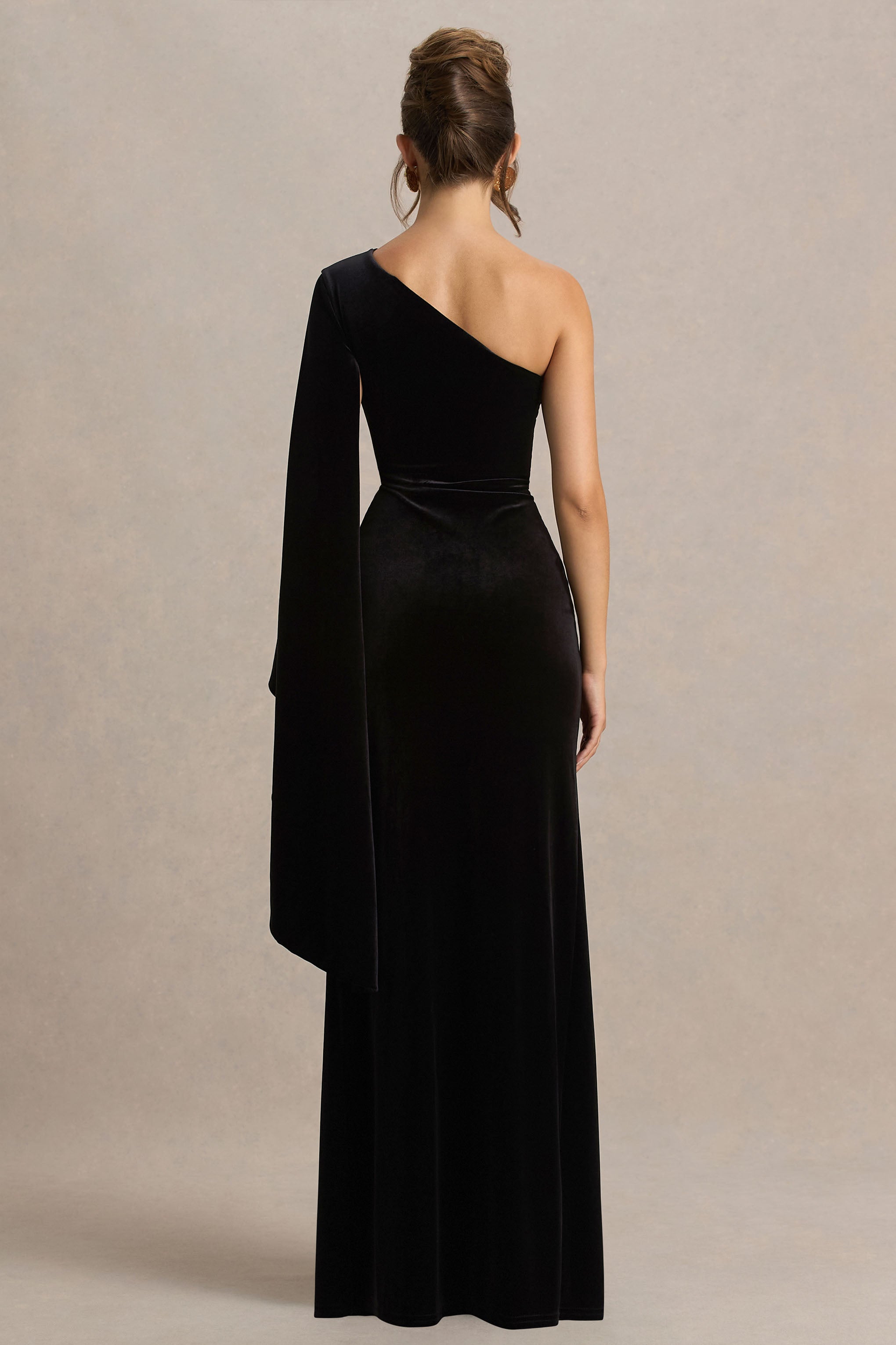 Camilla | Black Velvet Asymmetric-Neck Maxi Dress With Ruched Detailing-Sowoom