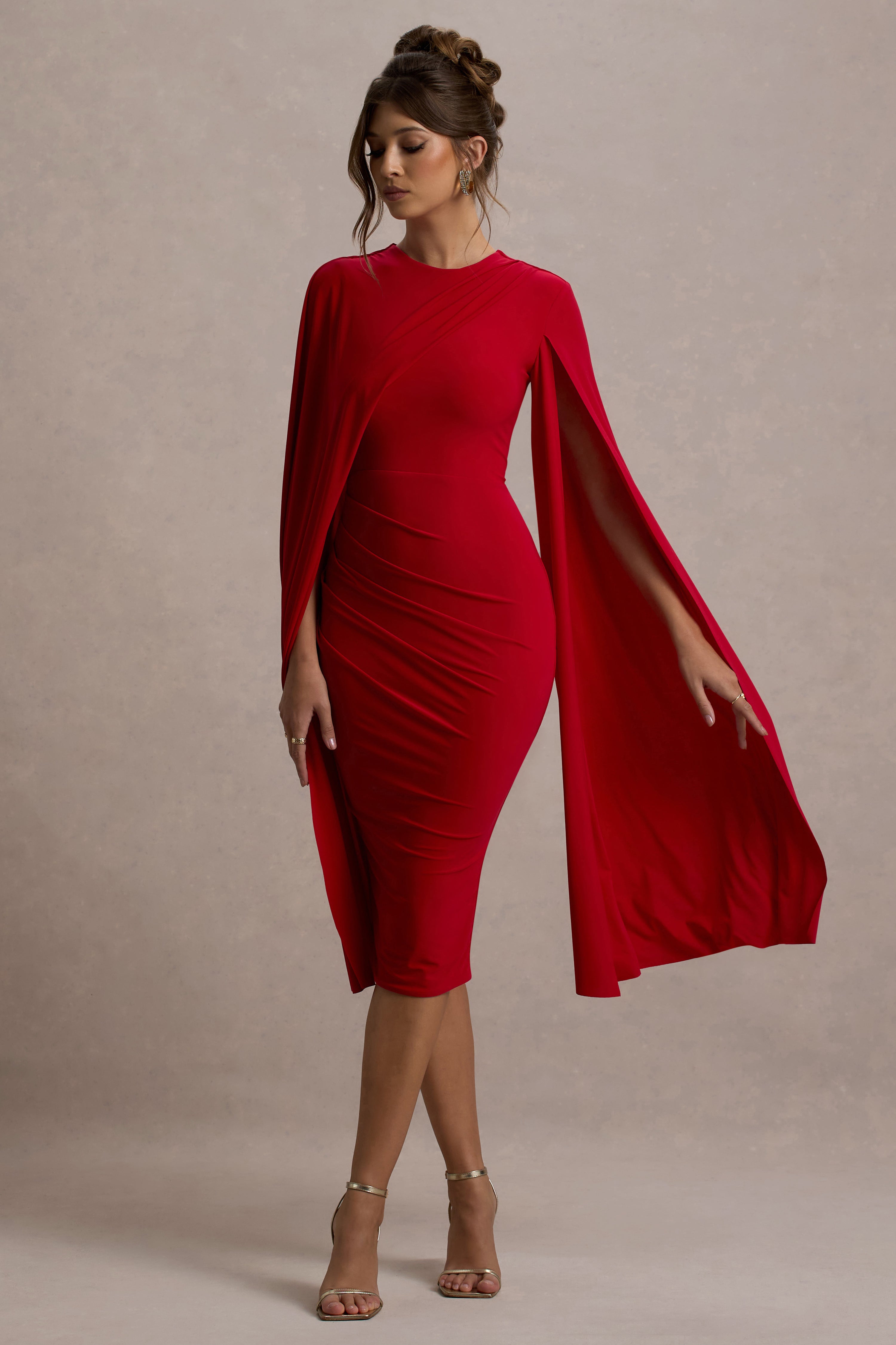 Marysol | Red Asymmetric Cape Midi Dress-Sowoom