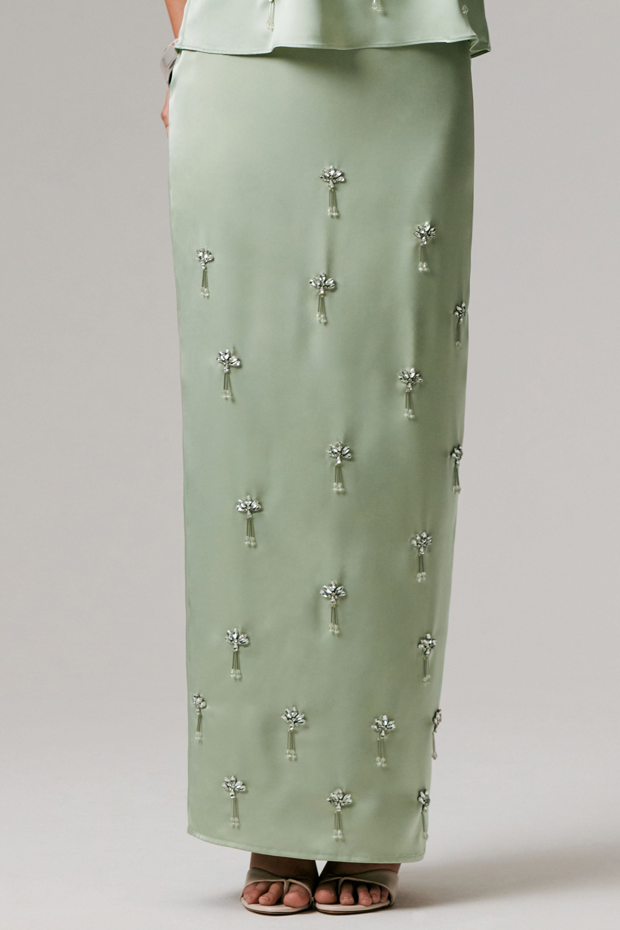 Lena | Mint Satin Embellished Maxi Skirt-Sowoom