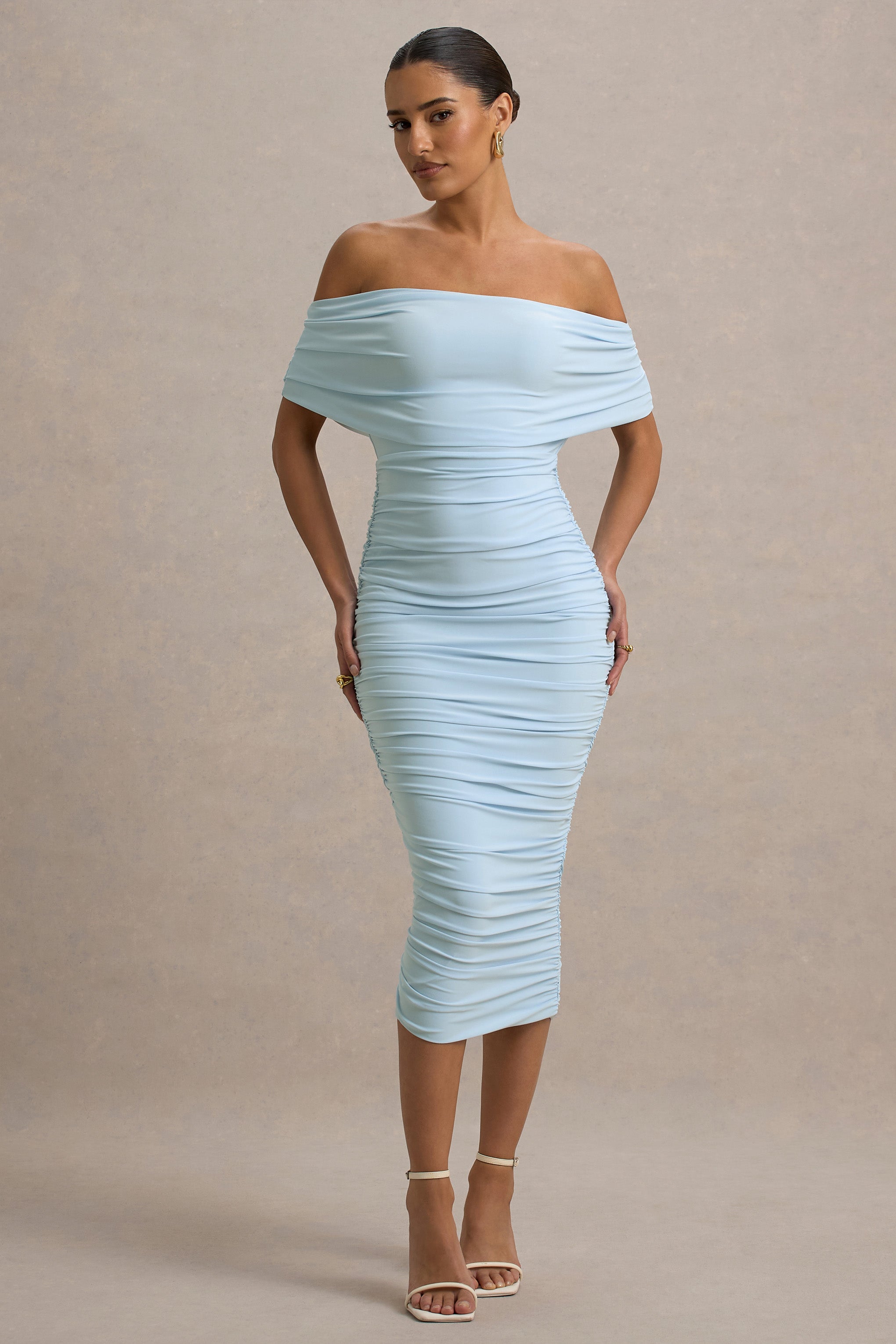 Rayleigh | Powder Blue Bardot Ruched Midi Dress-Sowoom