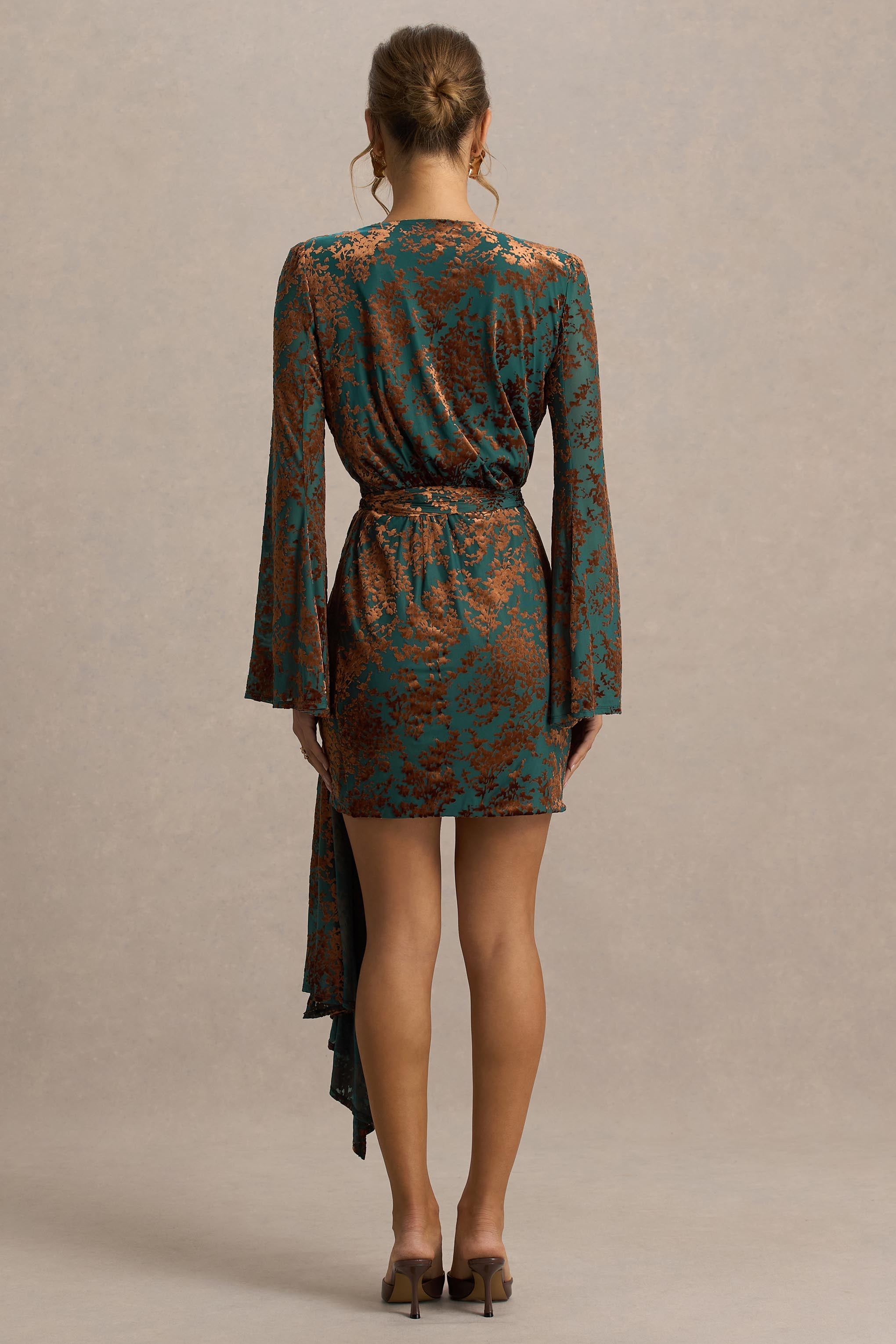 Dimitra | Dark Green And Brown Velvet Devore Plunge-Neck Wrap Mini Dress-Sowoom