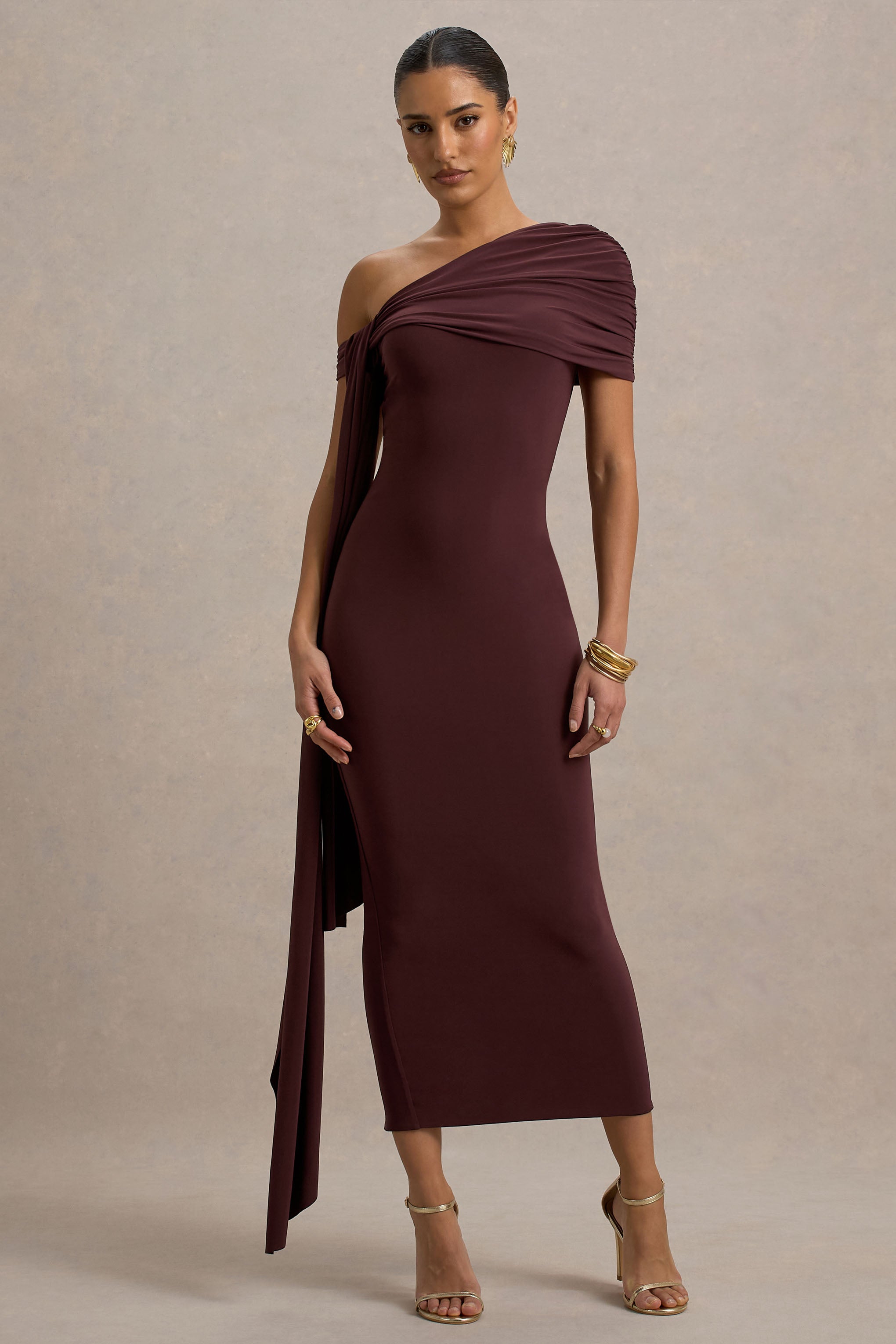 Praia | Chocolate Brown Asymmetric-Neck Midi Dress With Sash and Draped Detailing-Sowoom
