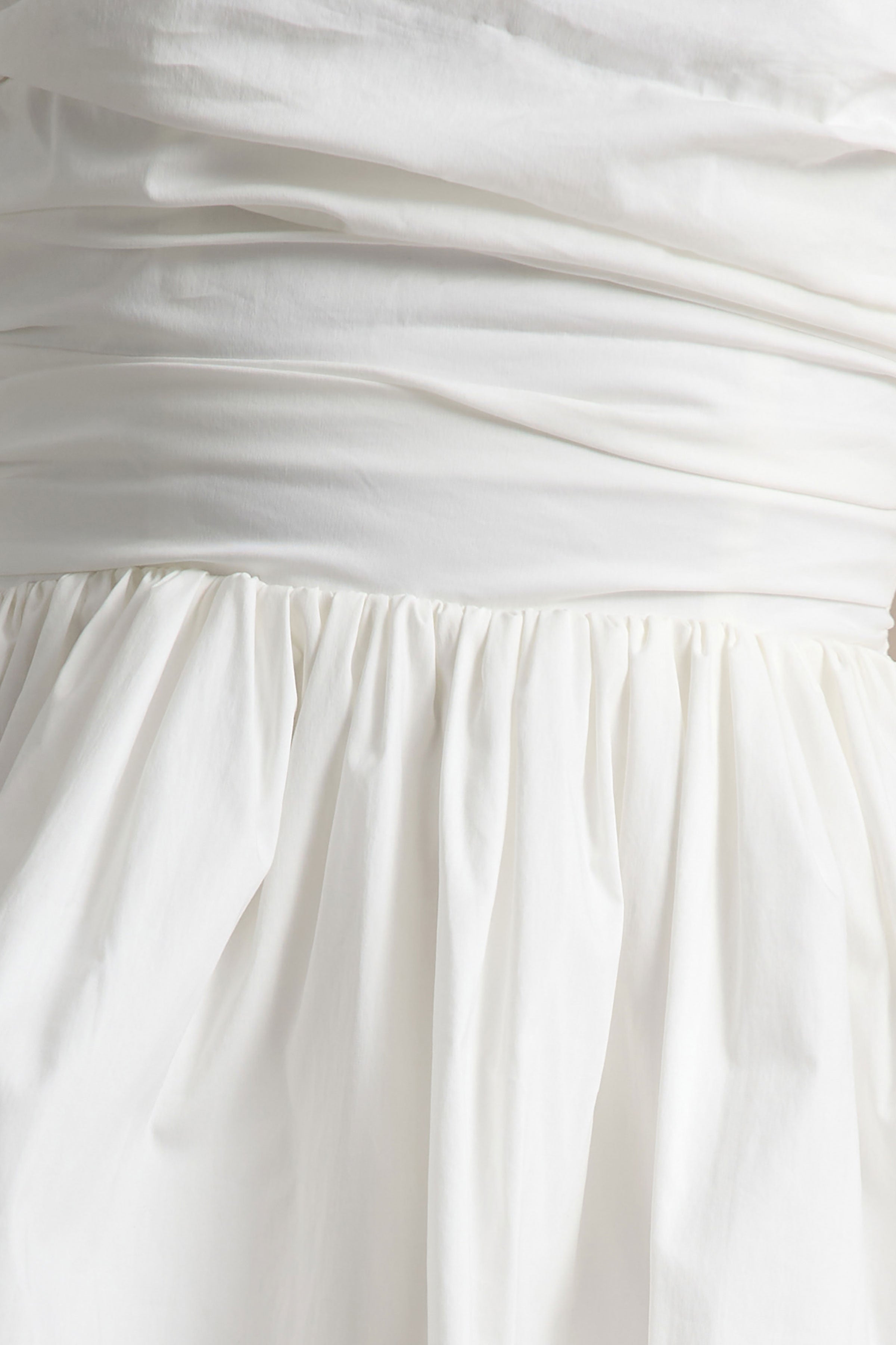 Faye | White Puff Ball Bandeau Micro Mini Dress With Ruching Details-Sowoom