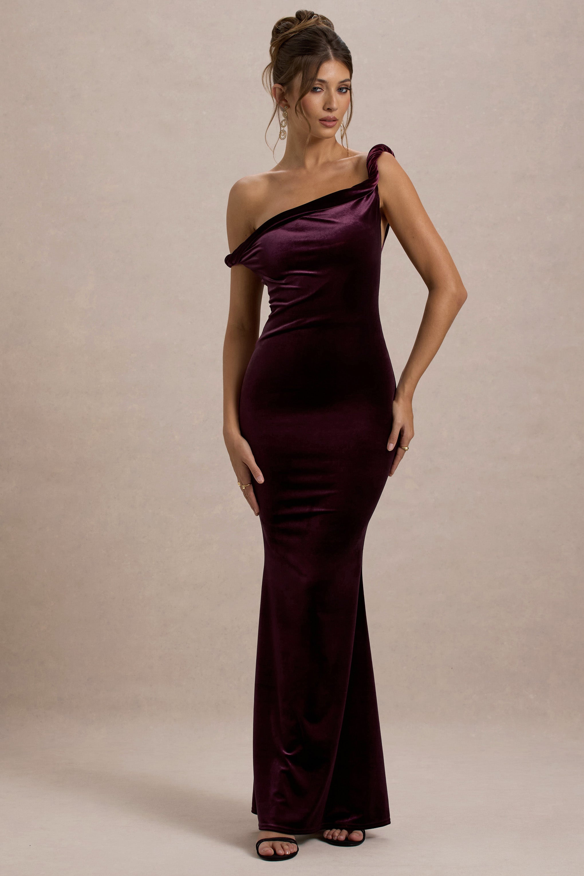 Neeka | Port Velvet Twisted Asymmetric Maxi Dress-Sowoom