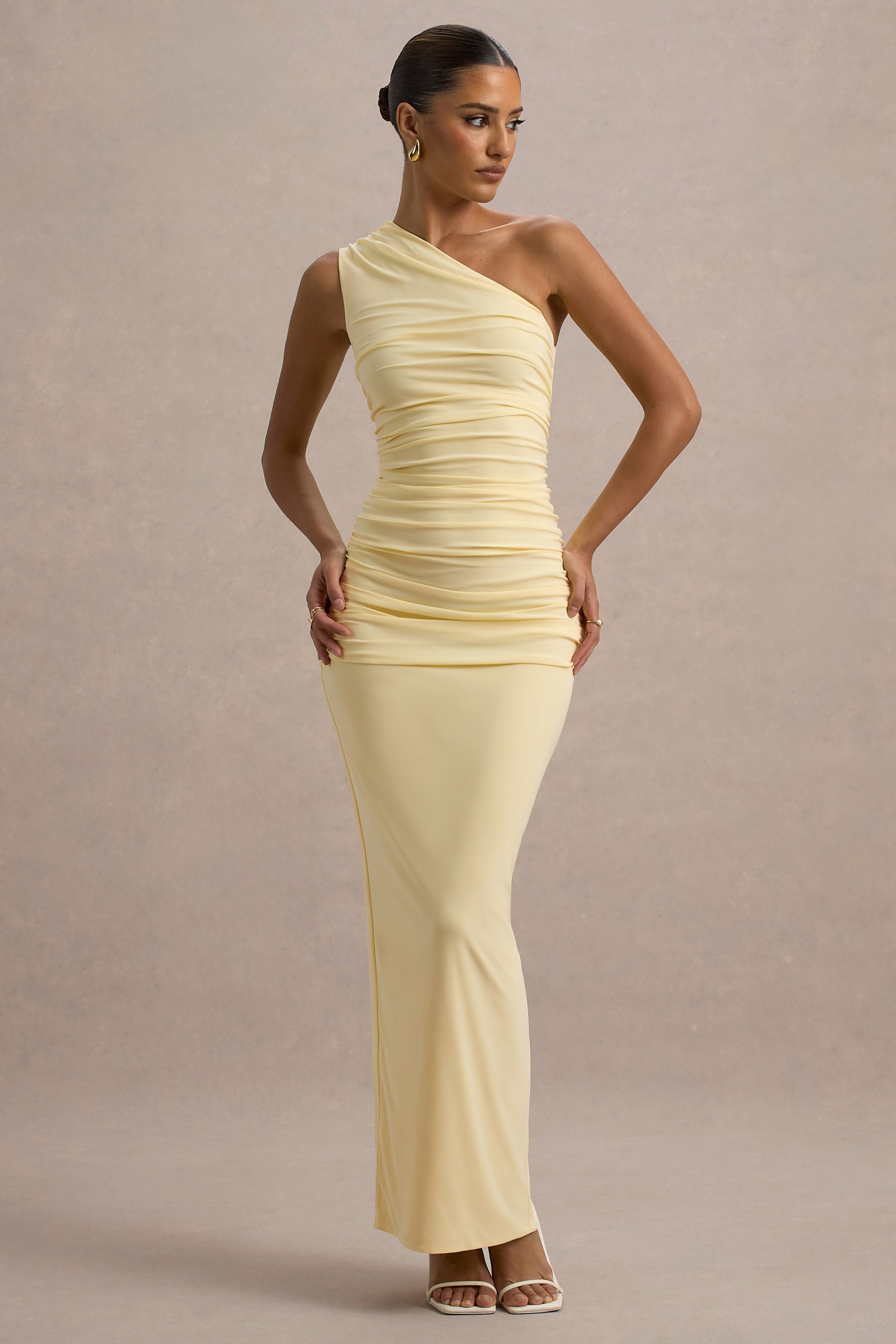 Dalarie | Pale Lemon One-Shoulder Gathered Maxi Dress-Sowoom