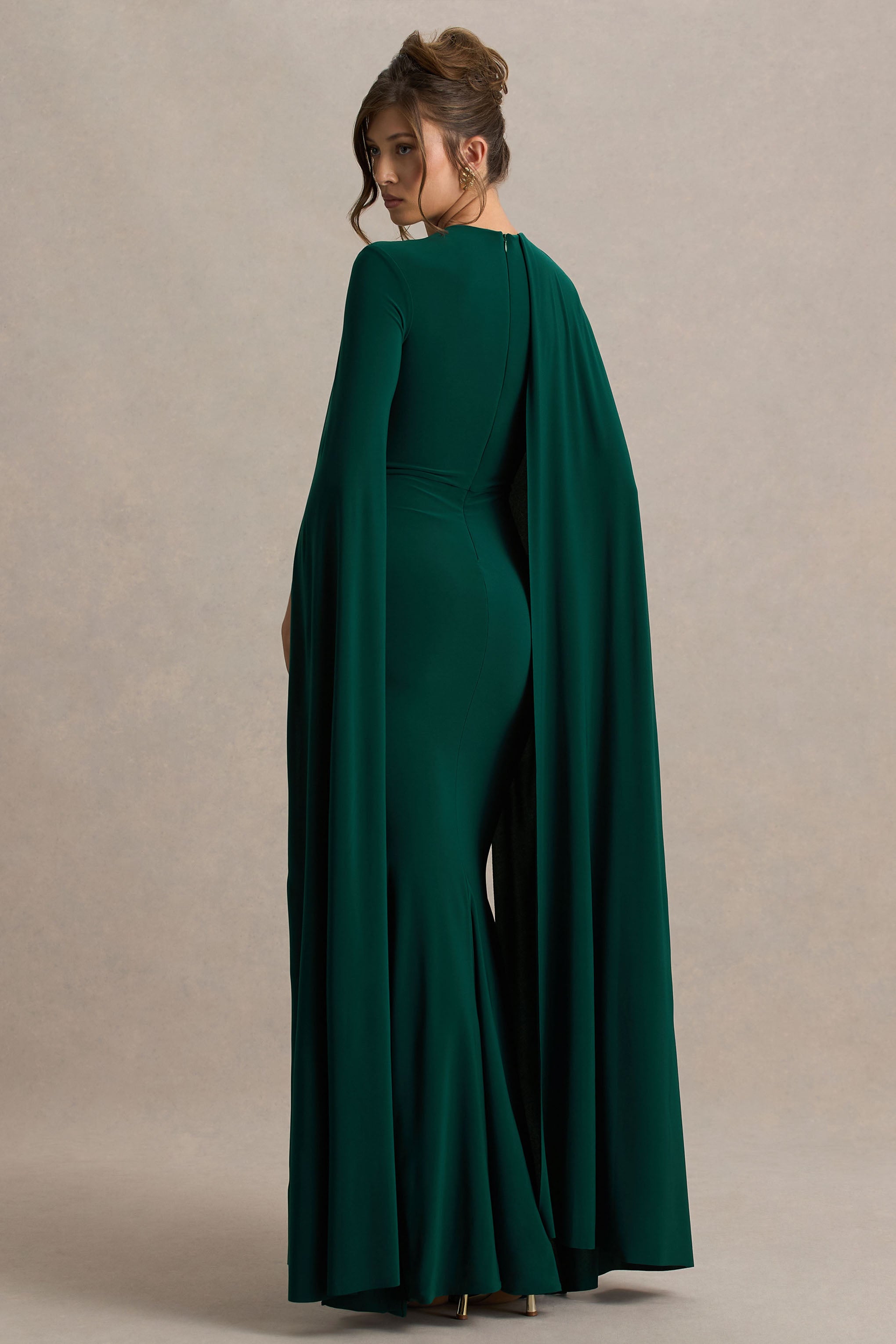 Magdelena | Bottle Green Asymmetric Cape Maxi Dress-Sowoom