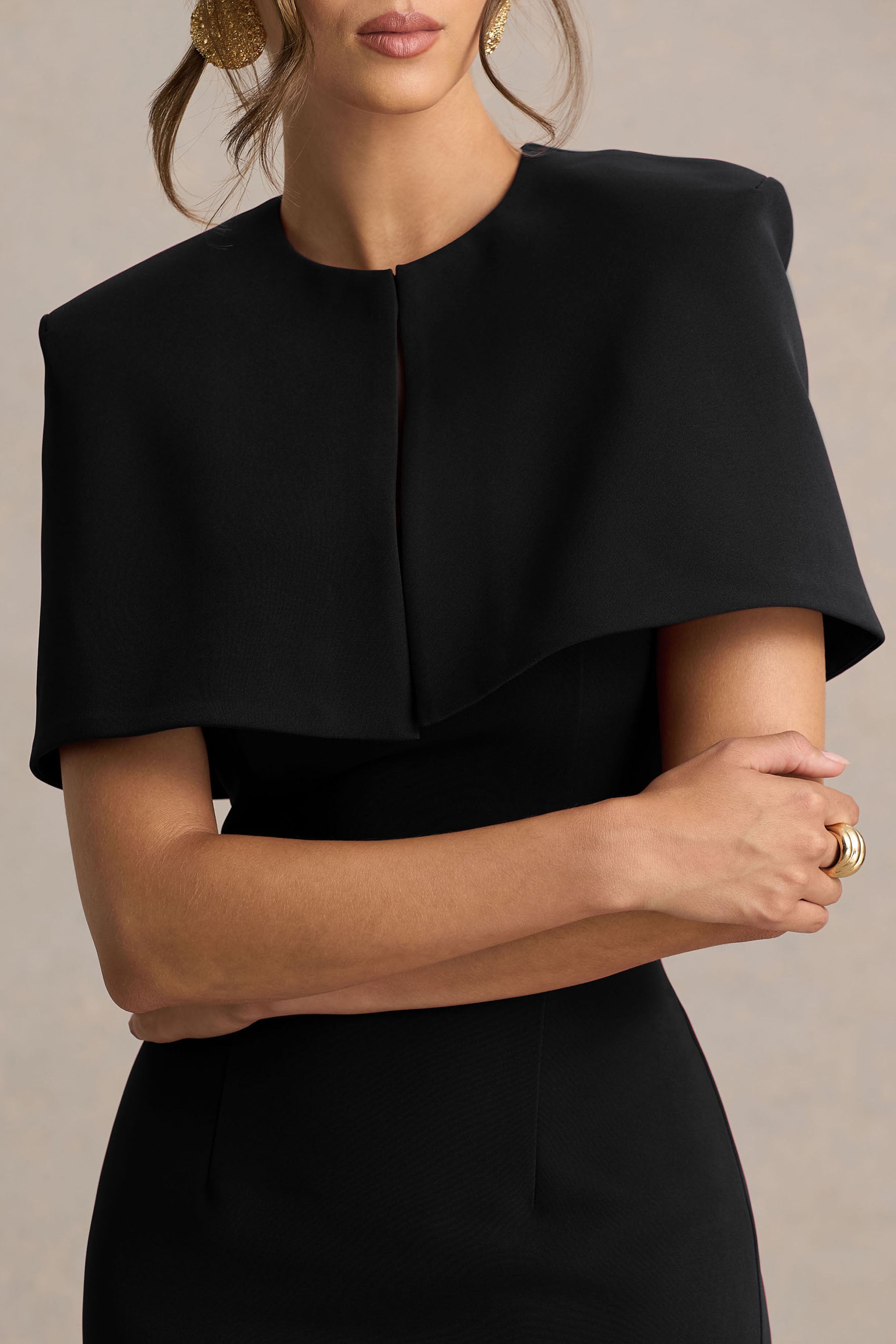 Baylor | Black Midi-Dress With Removable Cape-Detail-Sowoom