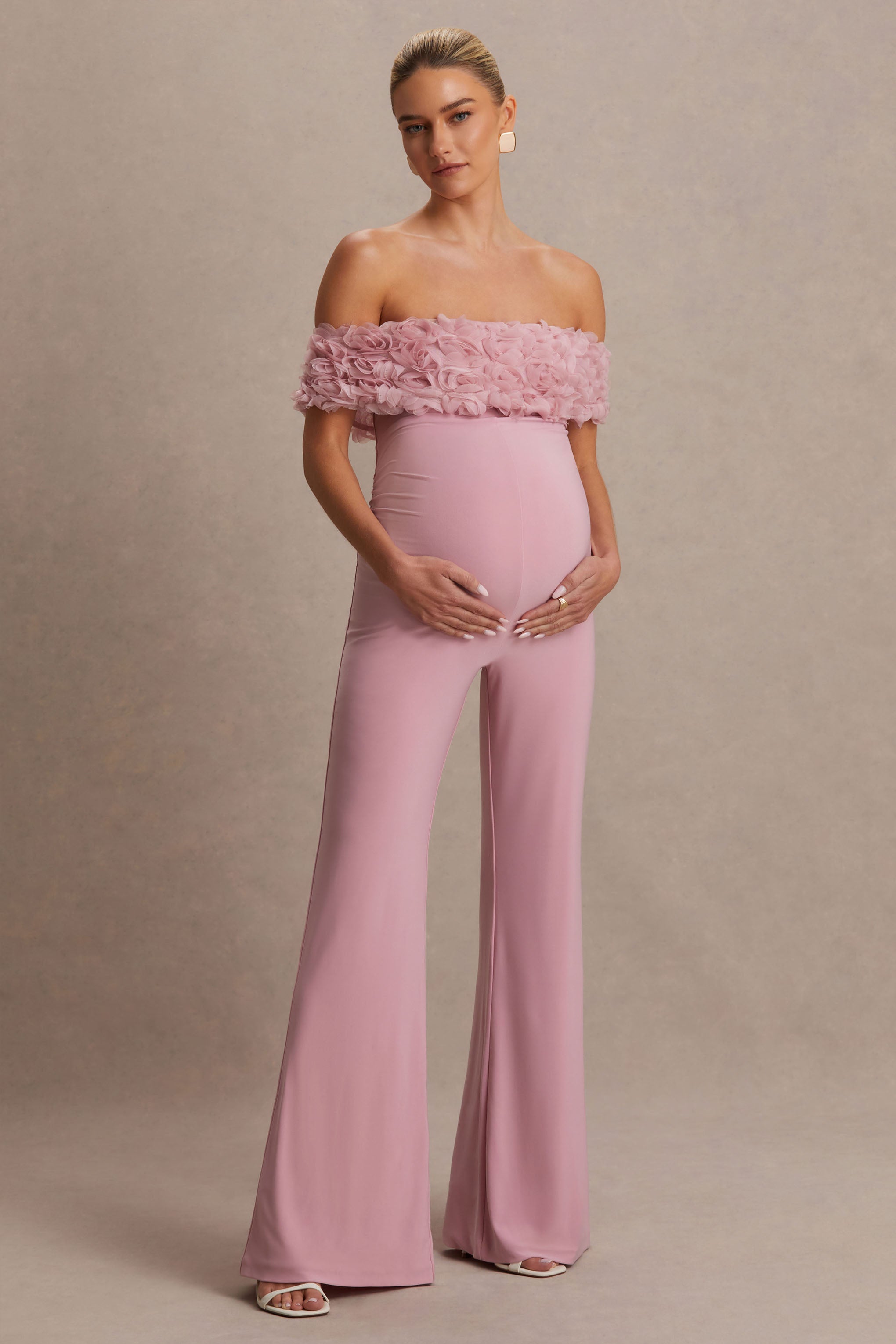 Sallow | Pink Floral Bardot Maternity Jumpsuit-Sowoom
