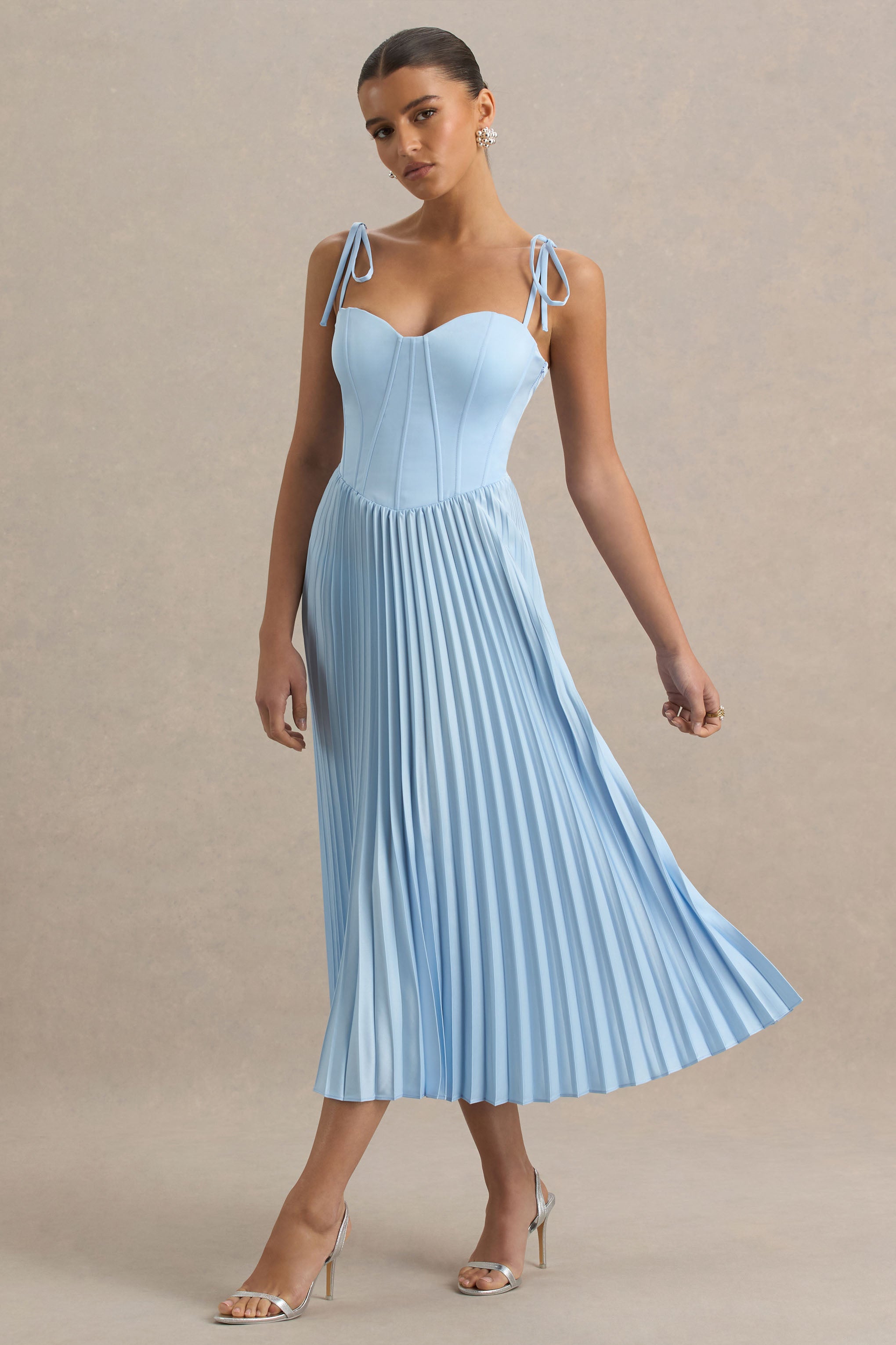 Peyton | Powder Blue Satin Sweetheart-Neck Midi Dress With Pleated Details-Sowoom