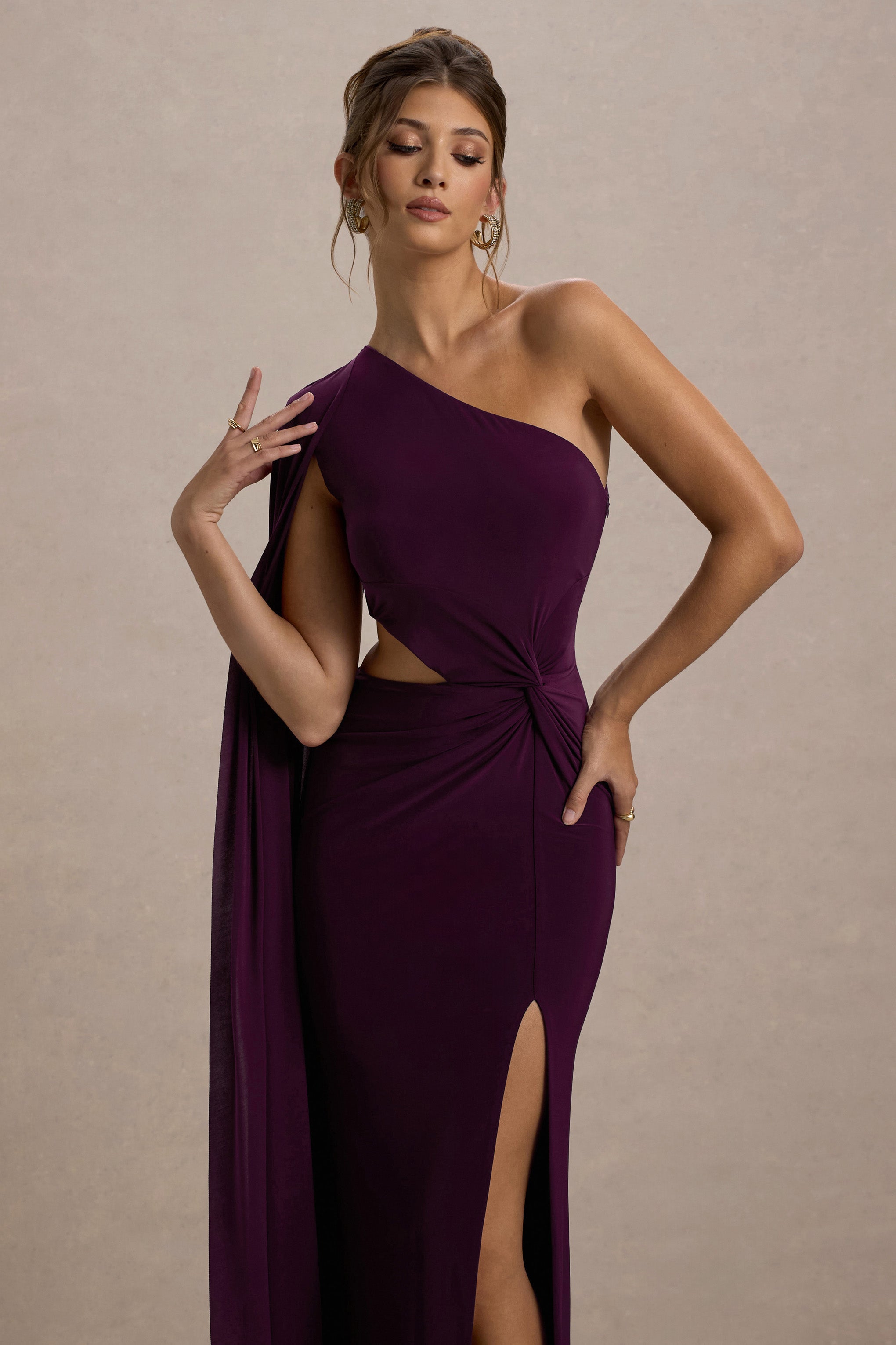 Brona | Plum One-Shoulder Cape-Sleeve Split Maxi Dress-Sowoom