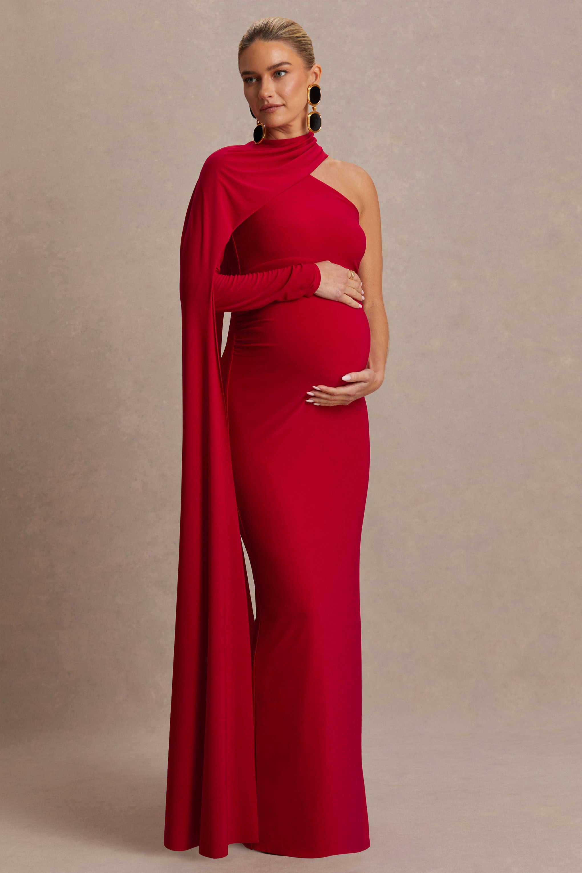 Tessy | Red Asymmetric-Neck Maternity Maxi Dress With Cape-Sleeve-Sowoom