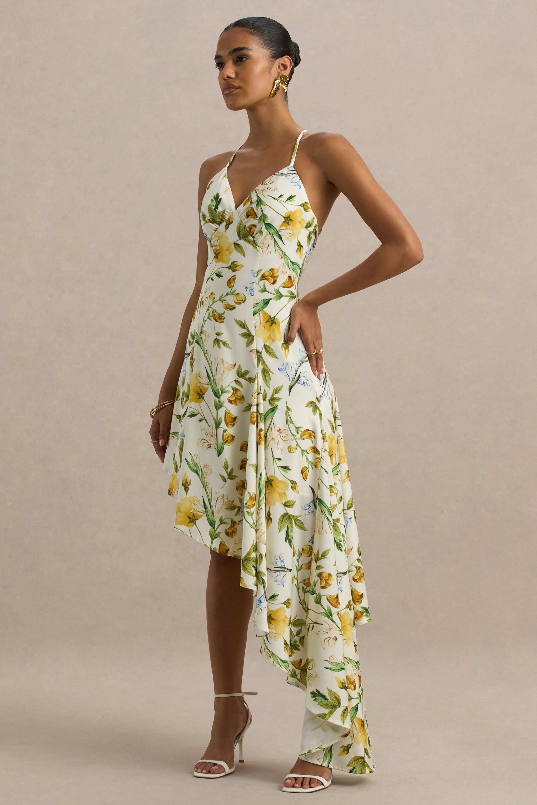 Glint | White Botanical Print Satin Plunge-Neck Maxi Dress With Asymmetric Hem-Sowoom