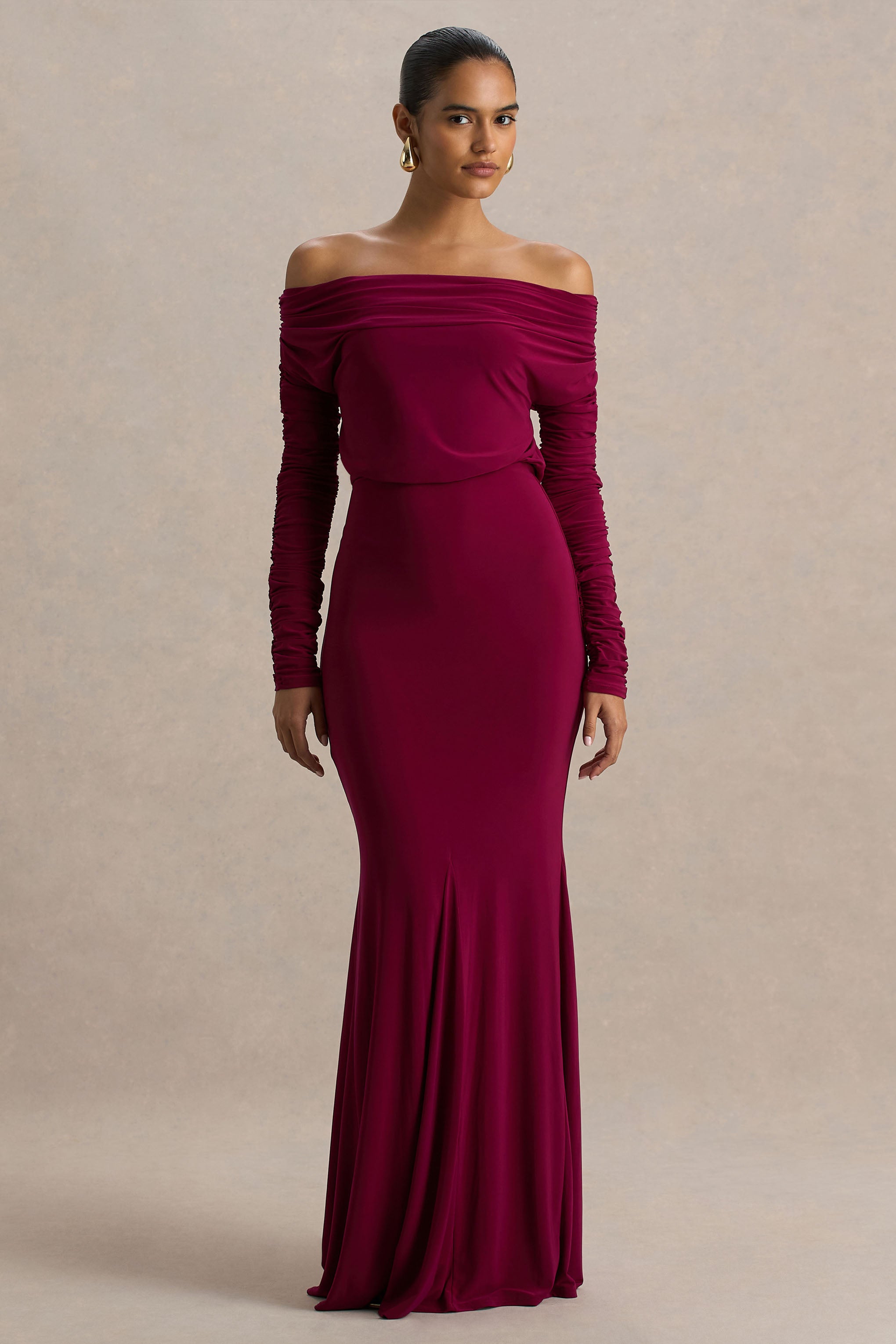 Cilla | Burgundy Bardot-Neck Maxi Dress With Ruched Detailing-Sowoom