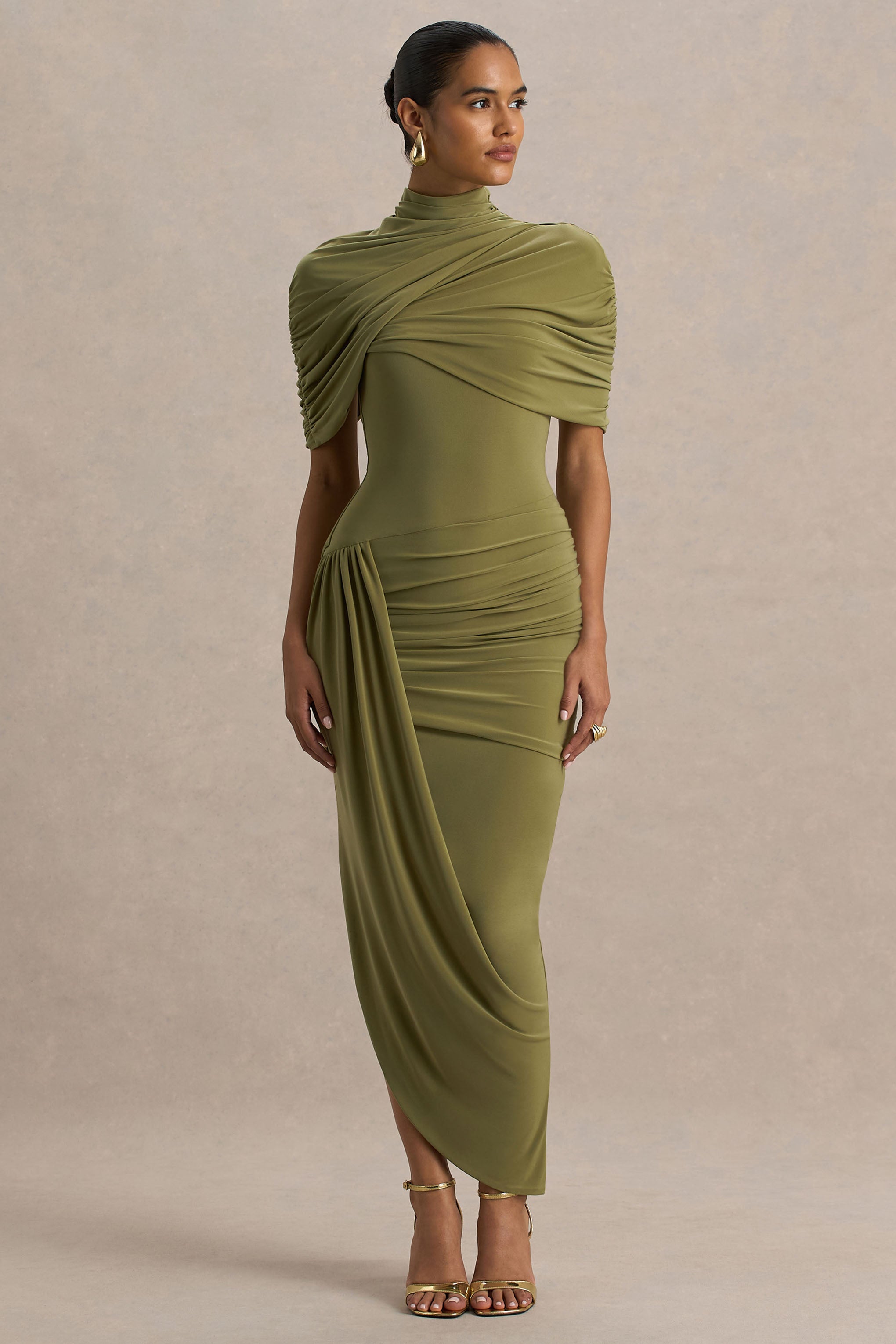 Enchant | Olive Asymmetric Twisted Cape Midi Dress-Sowoom