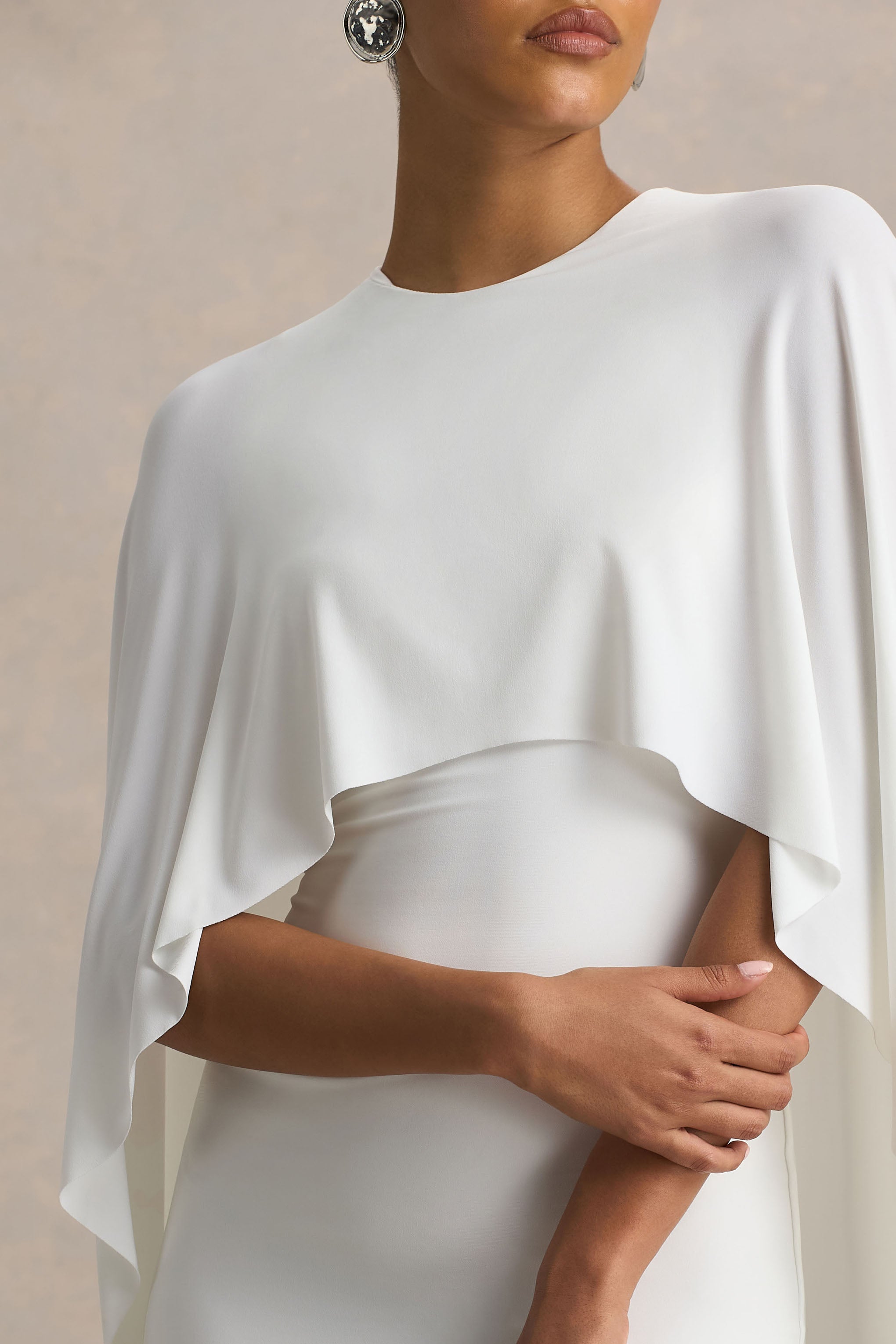 Padma | White Draped Maxi Dress With Cape Sleeves-Sowoom