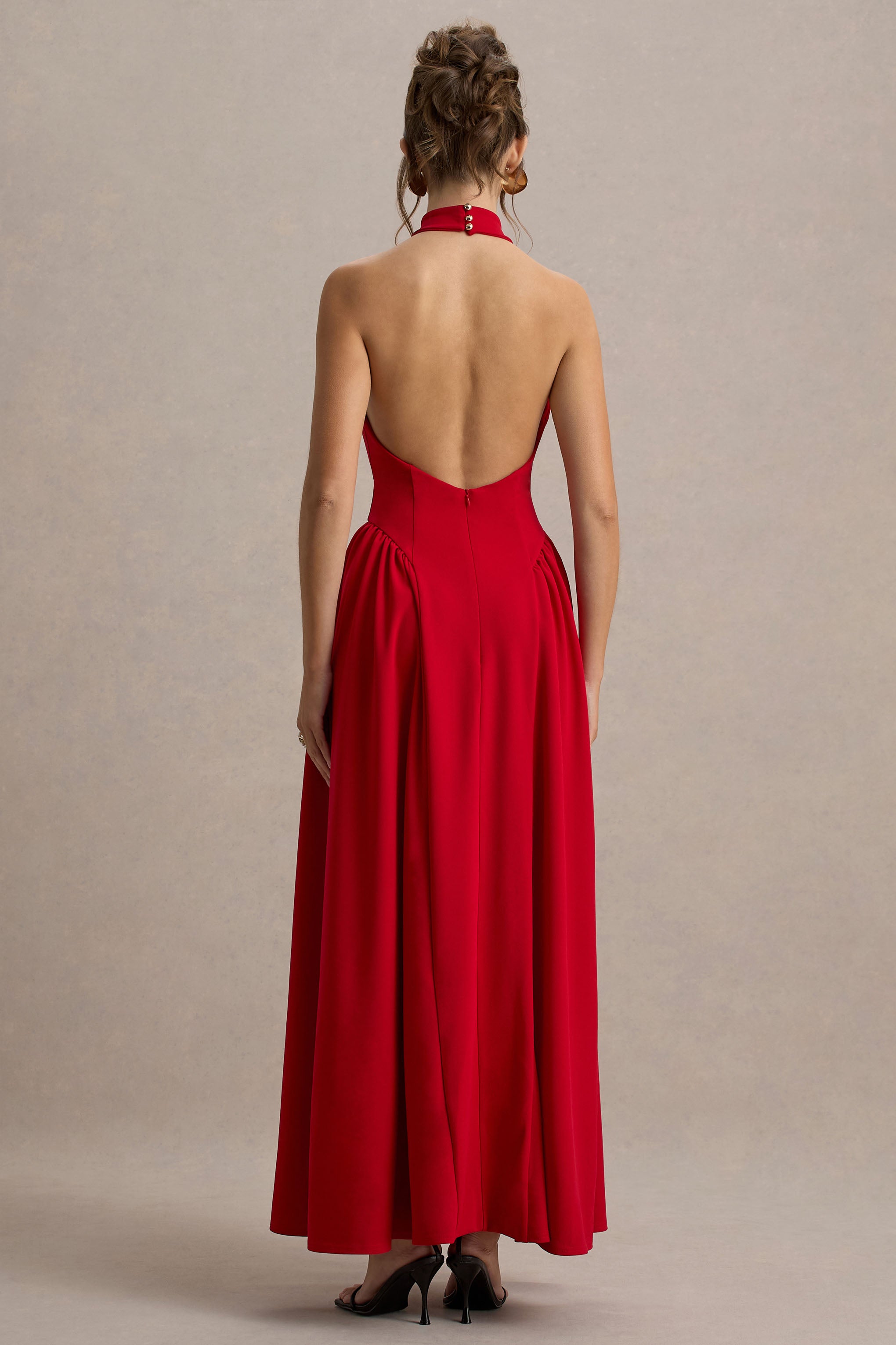 Cynthia | Red High-Neck Maxi Dress With Volume Skirt-Sowoom