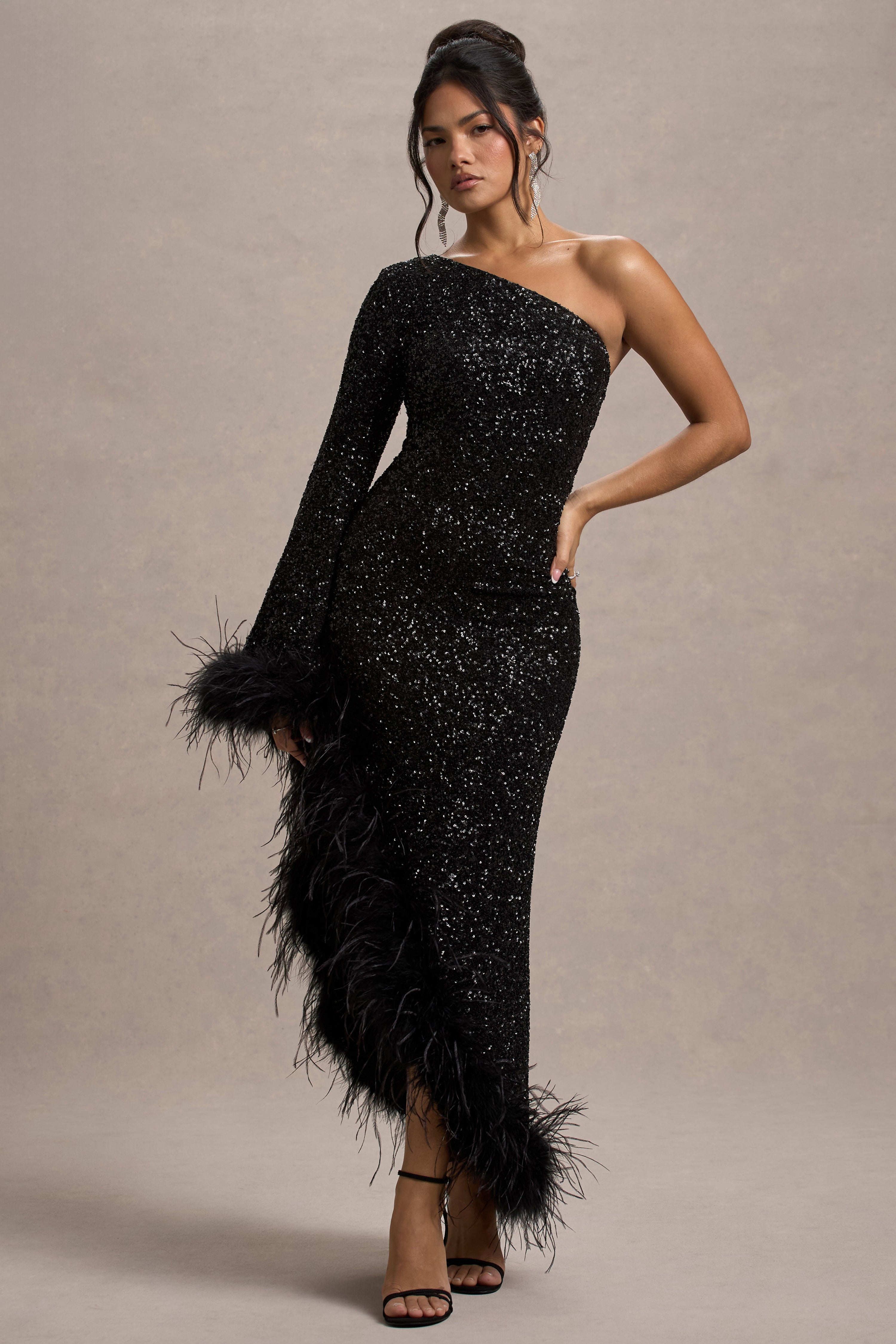 Shadow | Black Sequin One-Shoulder Feather Trim Maxi Dress-Sowoom