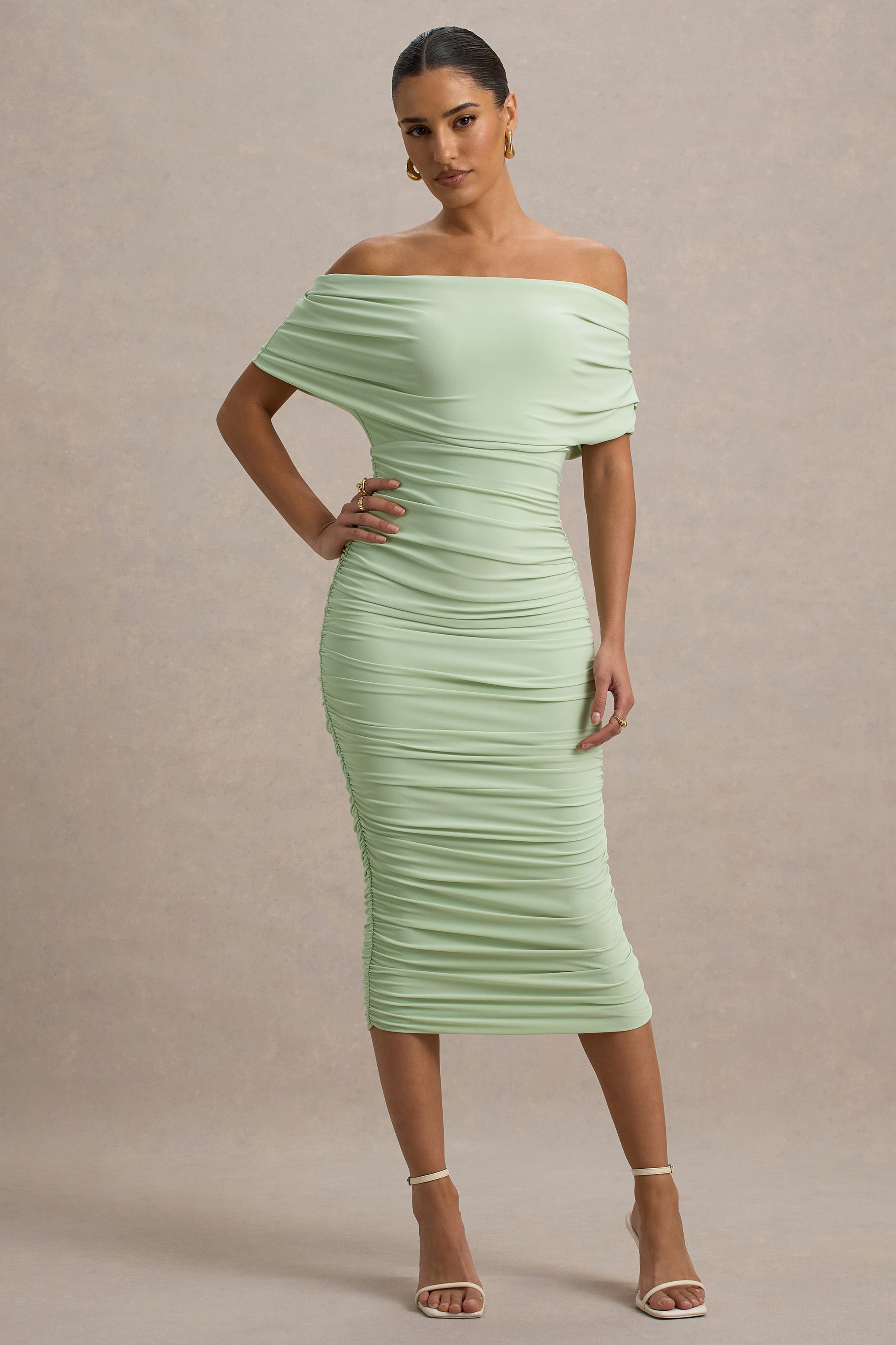Rayleigh | Light Green Bardot Ruched Midi Dress-Sowoom