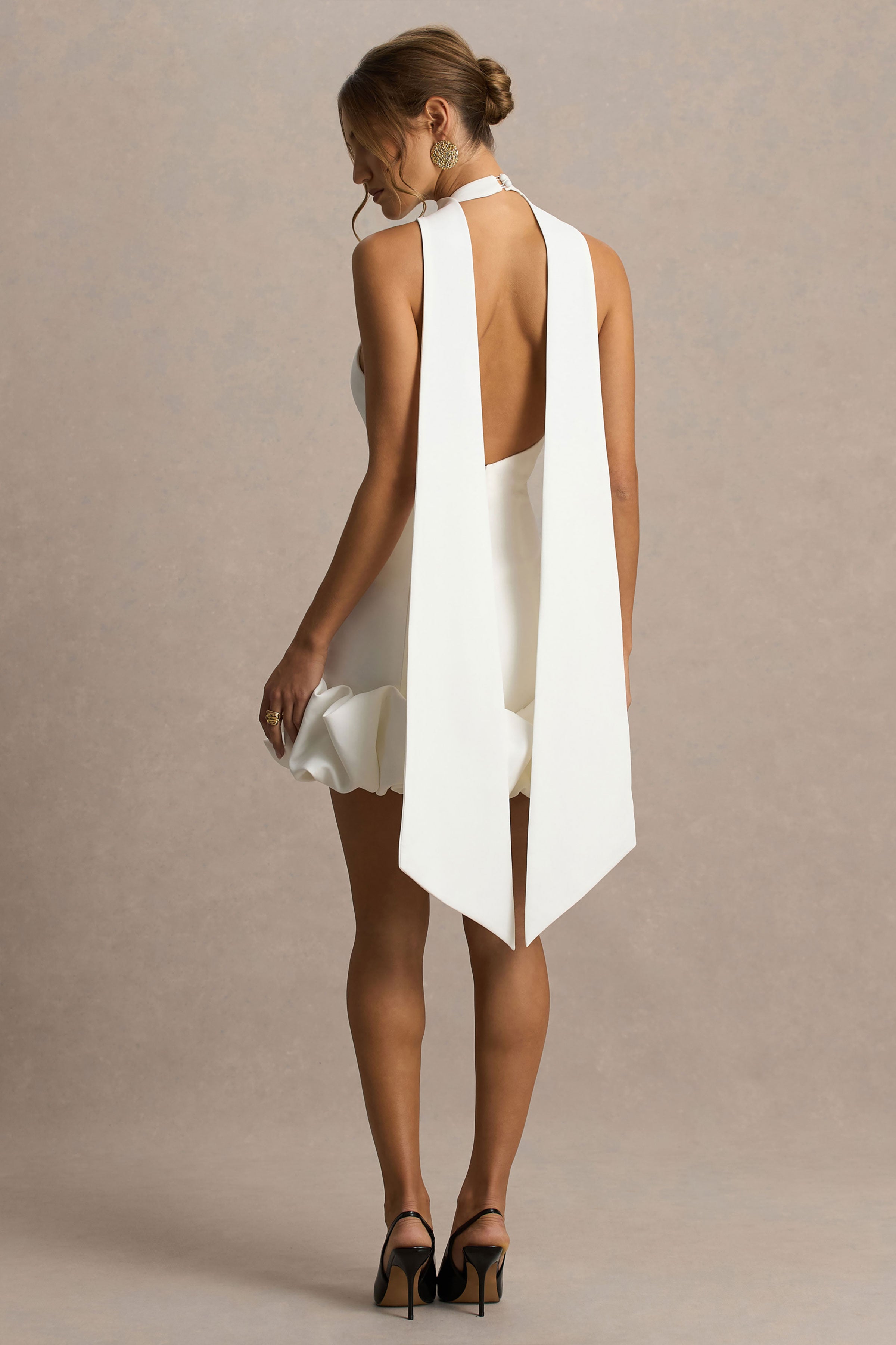 Geneve | White Halter-Neck Mini Dress With Ruffled Trim-Sowoom