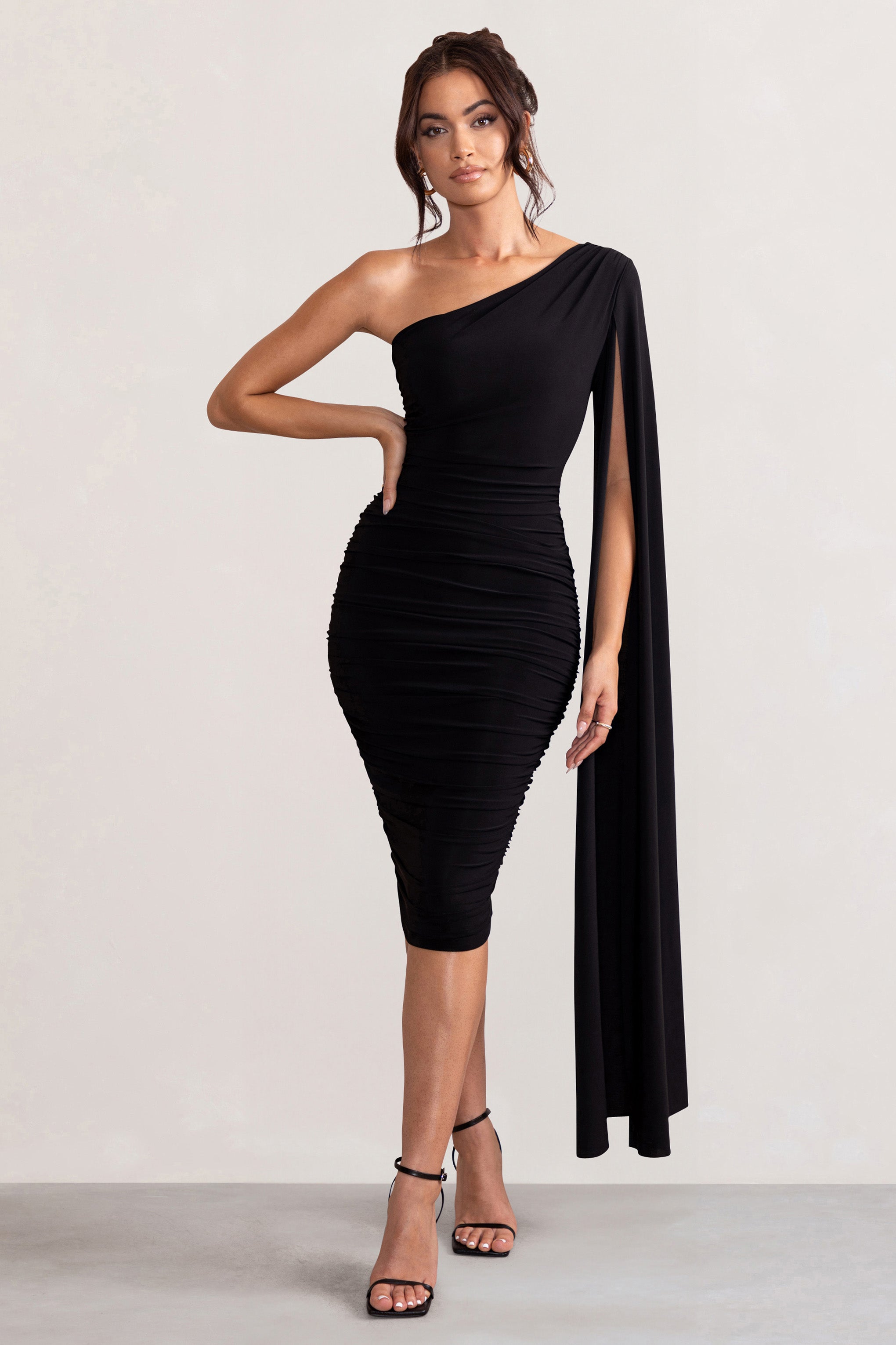 Yara | Black One Shoulder Cape Ruched Midi Dress-Sowoom