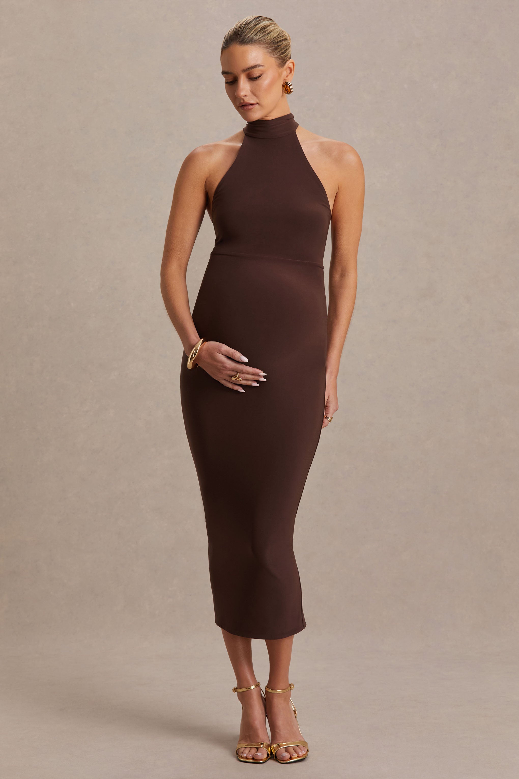 Mireille | Brown Halter-Neck Maternity Midi Dress-Sowoom