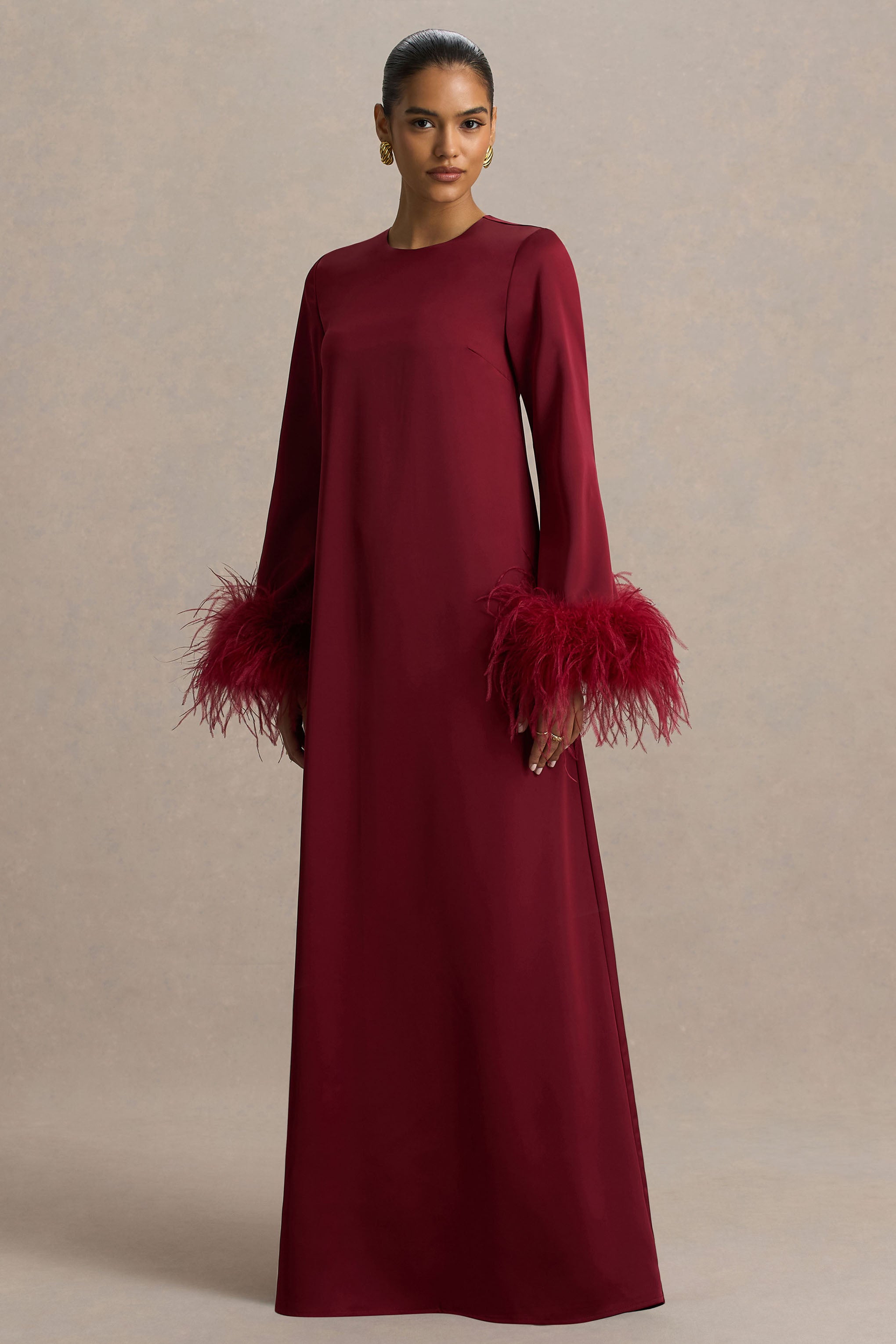 Adella | Burgundy Satin Feather-Trim Maxi Dress-Sowoom