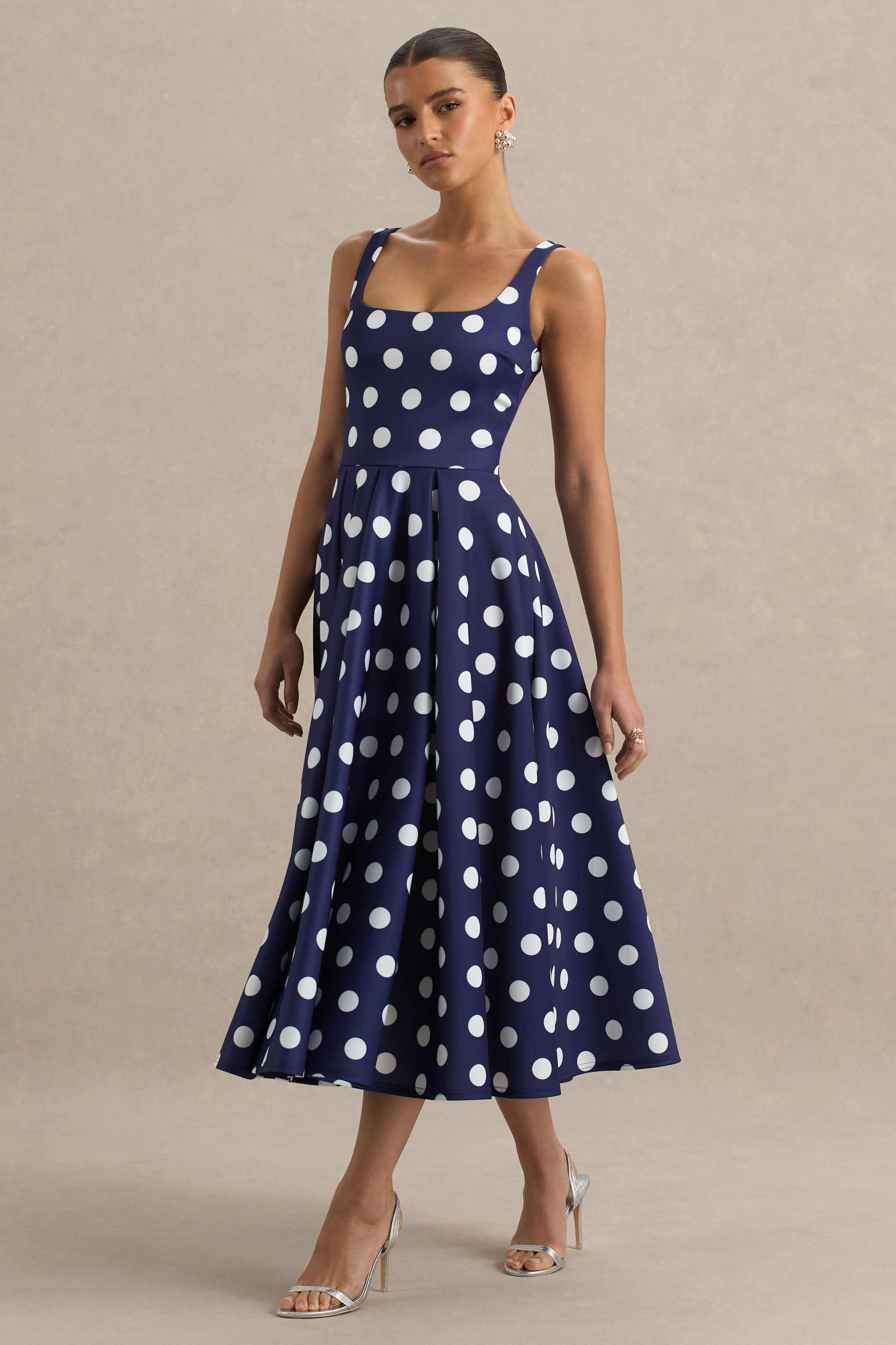 Berta | Navy And White Polka-Dot Square-Neck Midi Dress-Sowoom