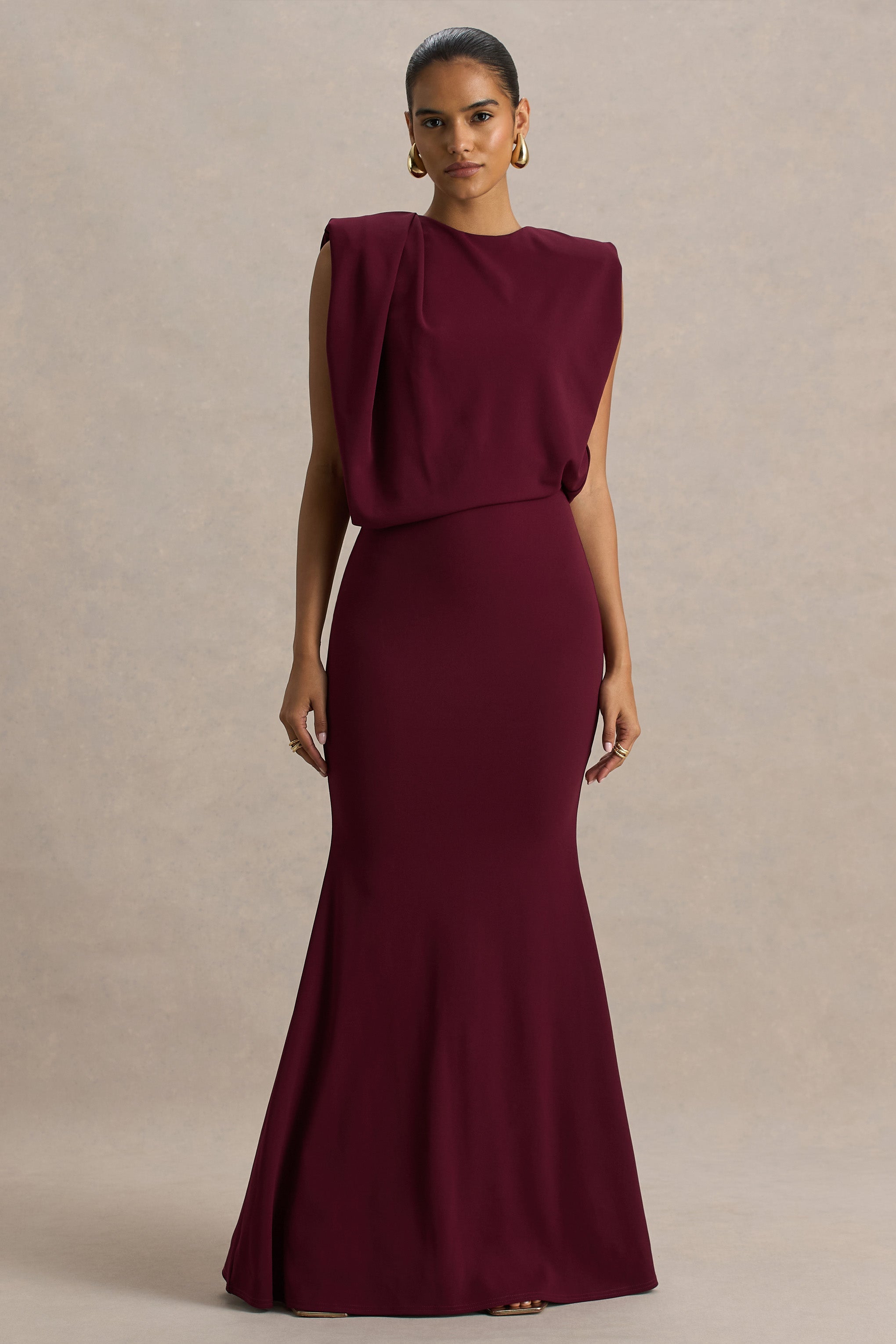 Meave | Burgundy Boat-Neck Maxi Dress With Draped Detail-Sowoom