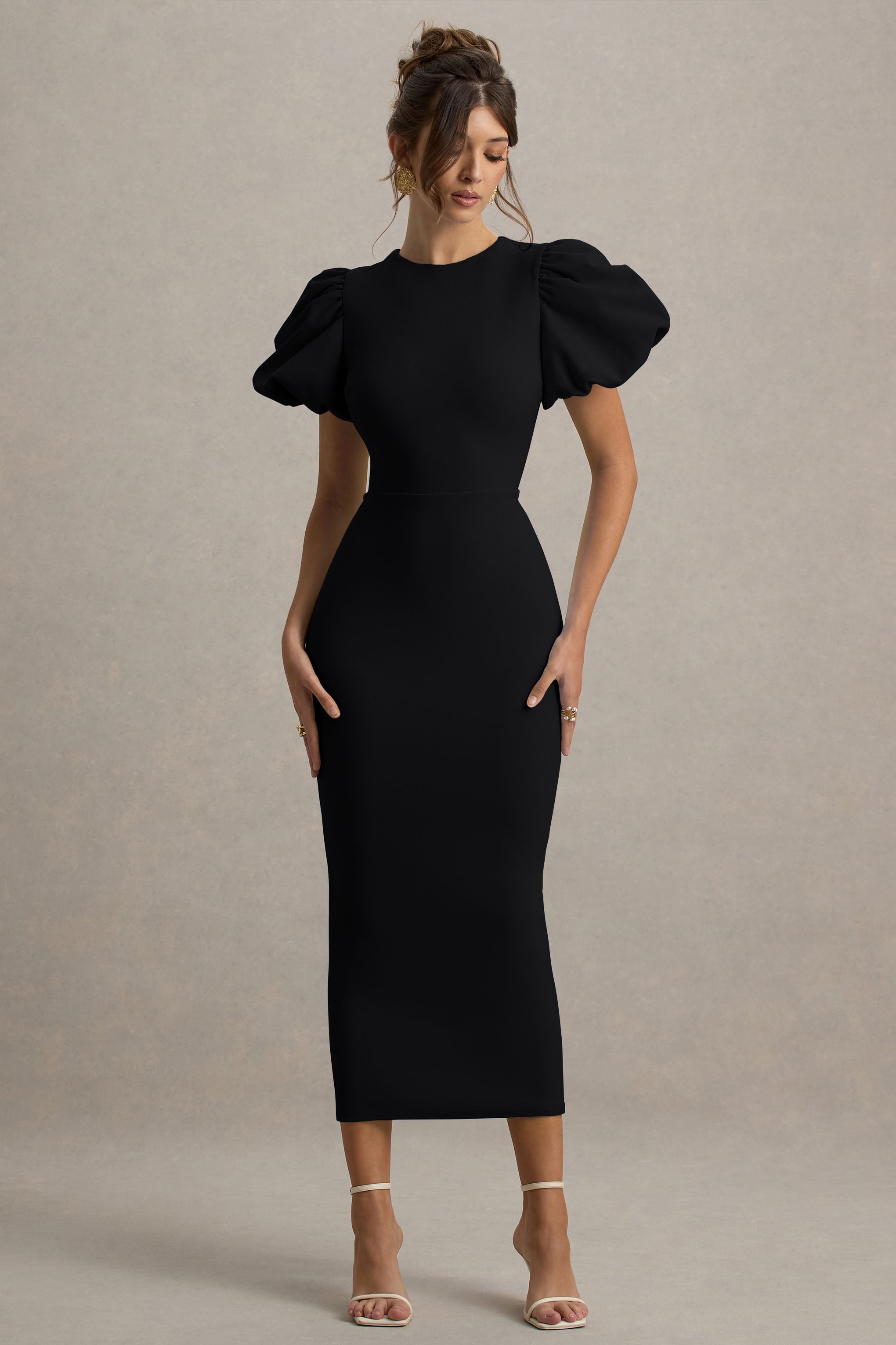 Dakota | Black Puff-Sleeve Midi Dress-Sowoom
