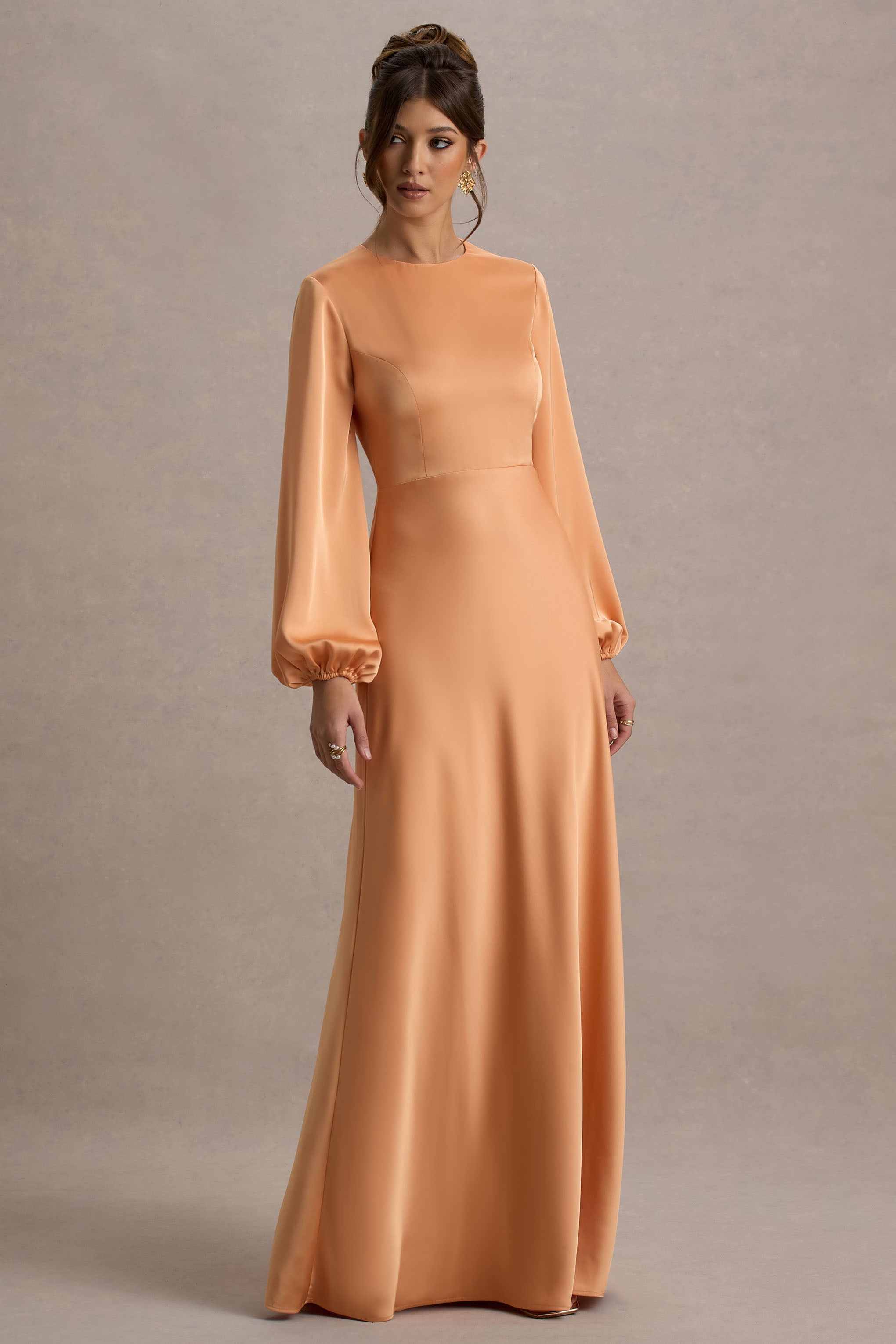 Crawley | Peach Satin Puff-Sleeve Maxi Dress-Sowoom