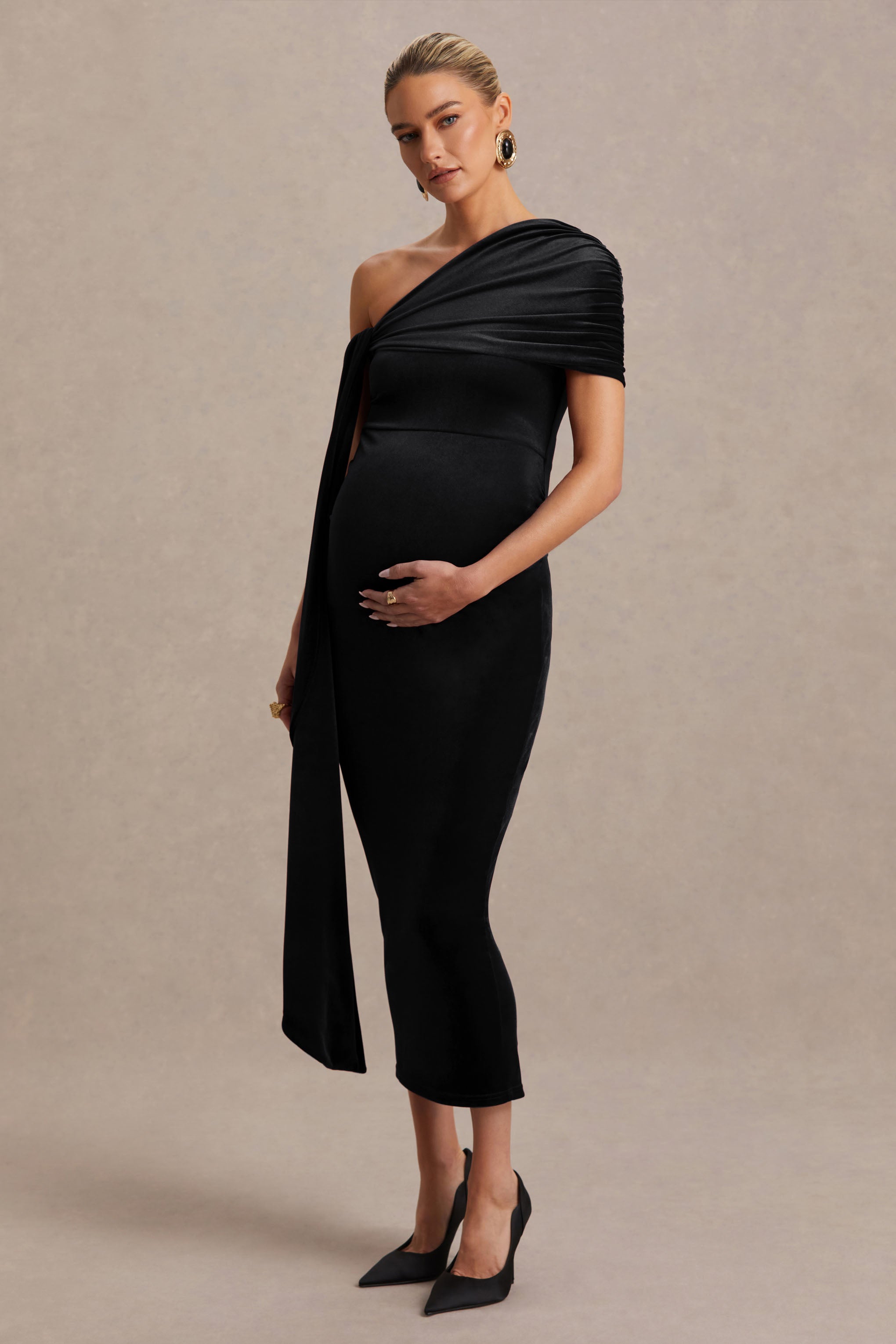 Zena | Black Velvet Asymmetric-Neck Maternity Midi Dress With Knot And Sash Detail-Sowoom