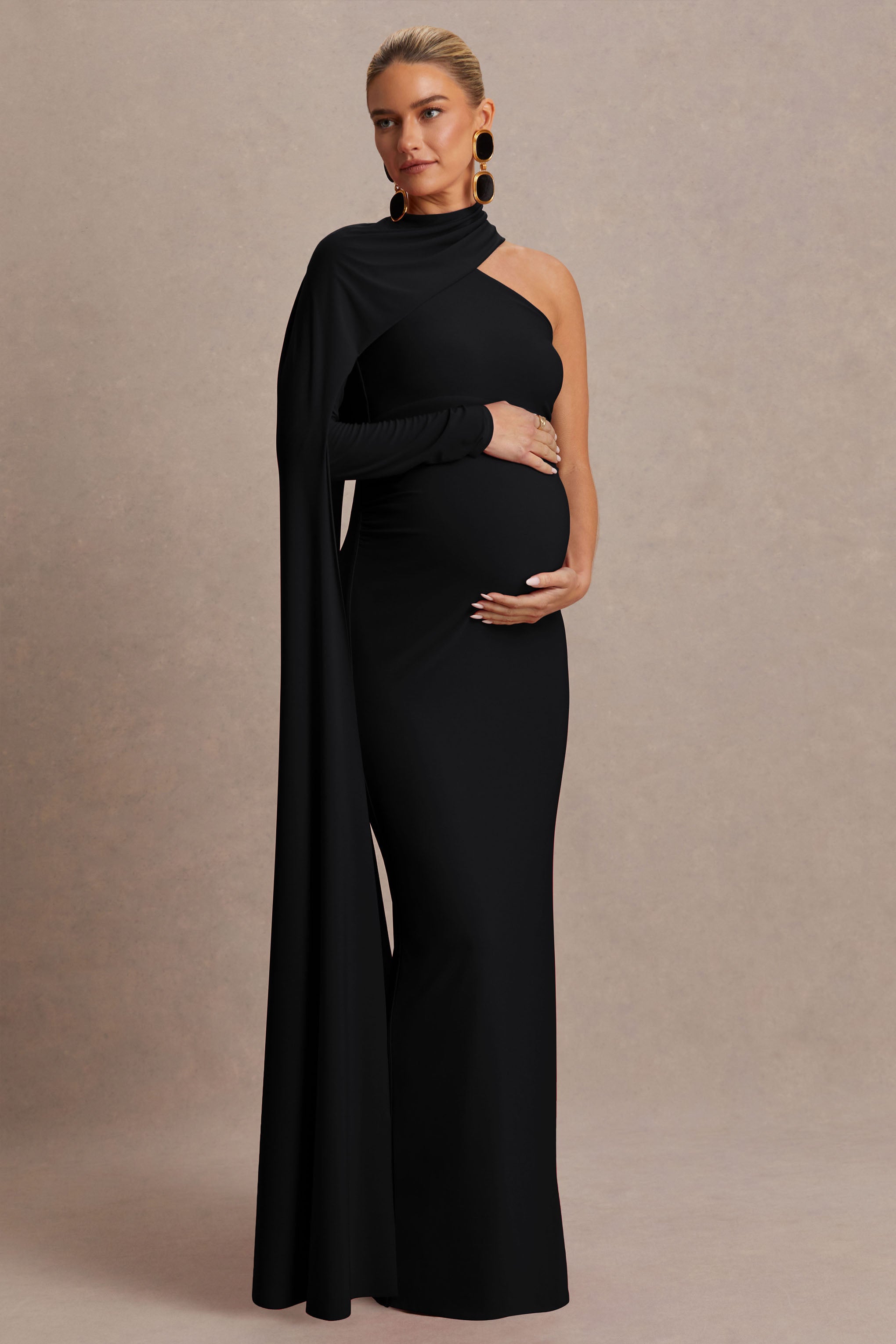 Tessy | Black Asymmetric-Neck Maternity Maxi Dress With Cape-Sleeve-Sowoom