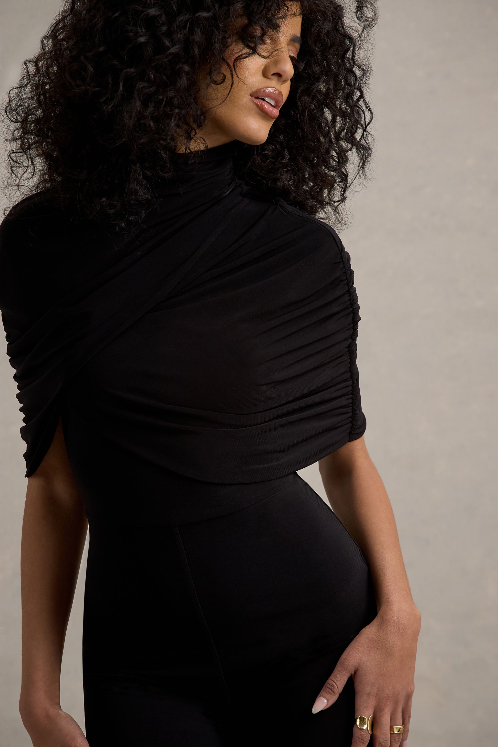 Isoline | Black Twist Cape Flared-Leg Jumpsuit-Sowoom