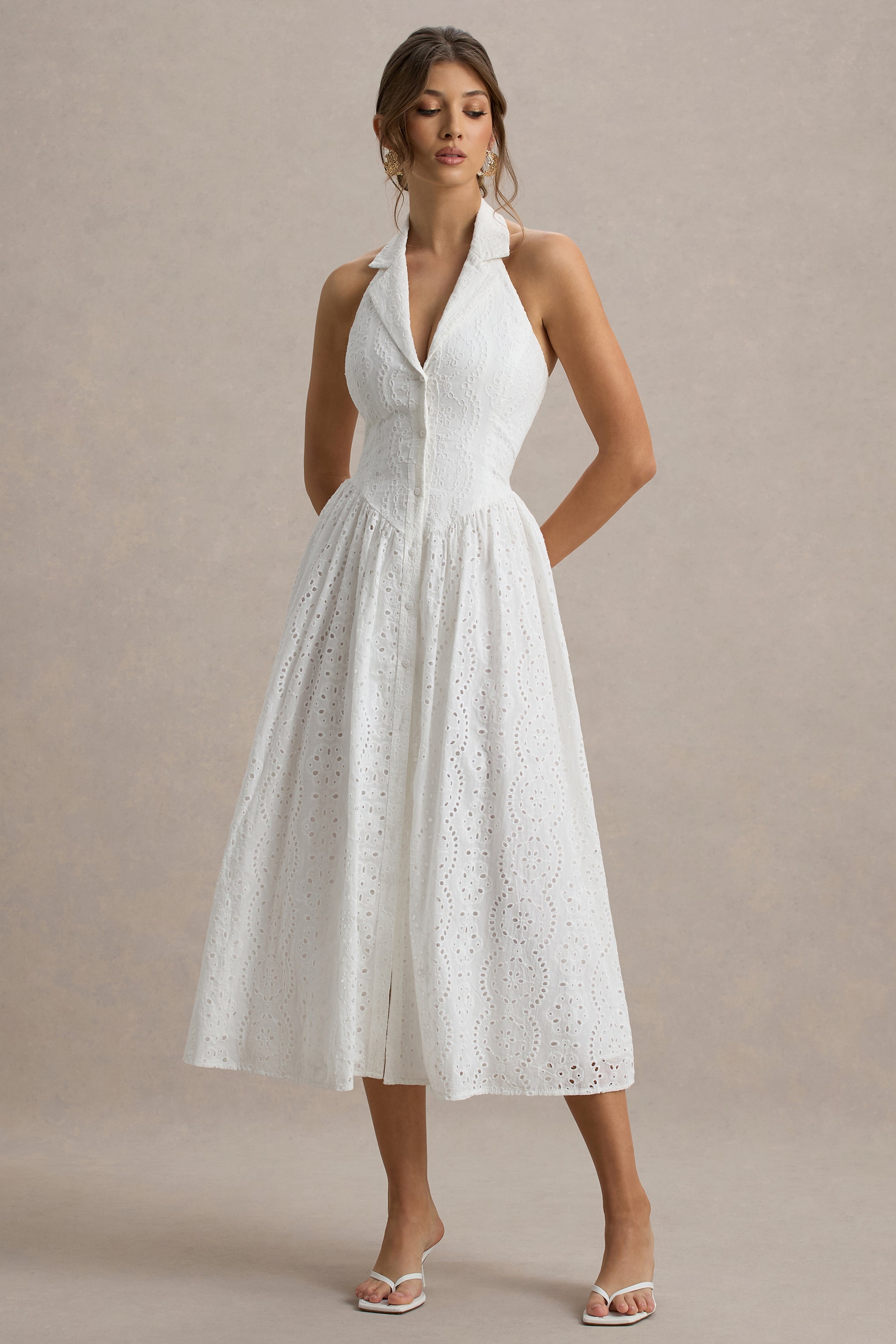 Jezebel | White Lace Plunge-Neck Collared Midi Dress-Sowoom