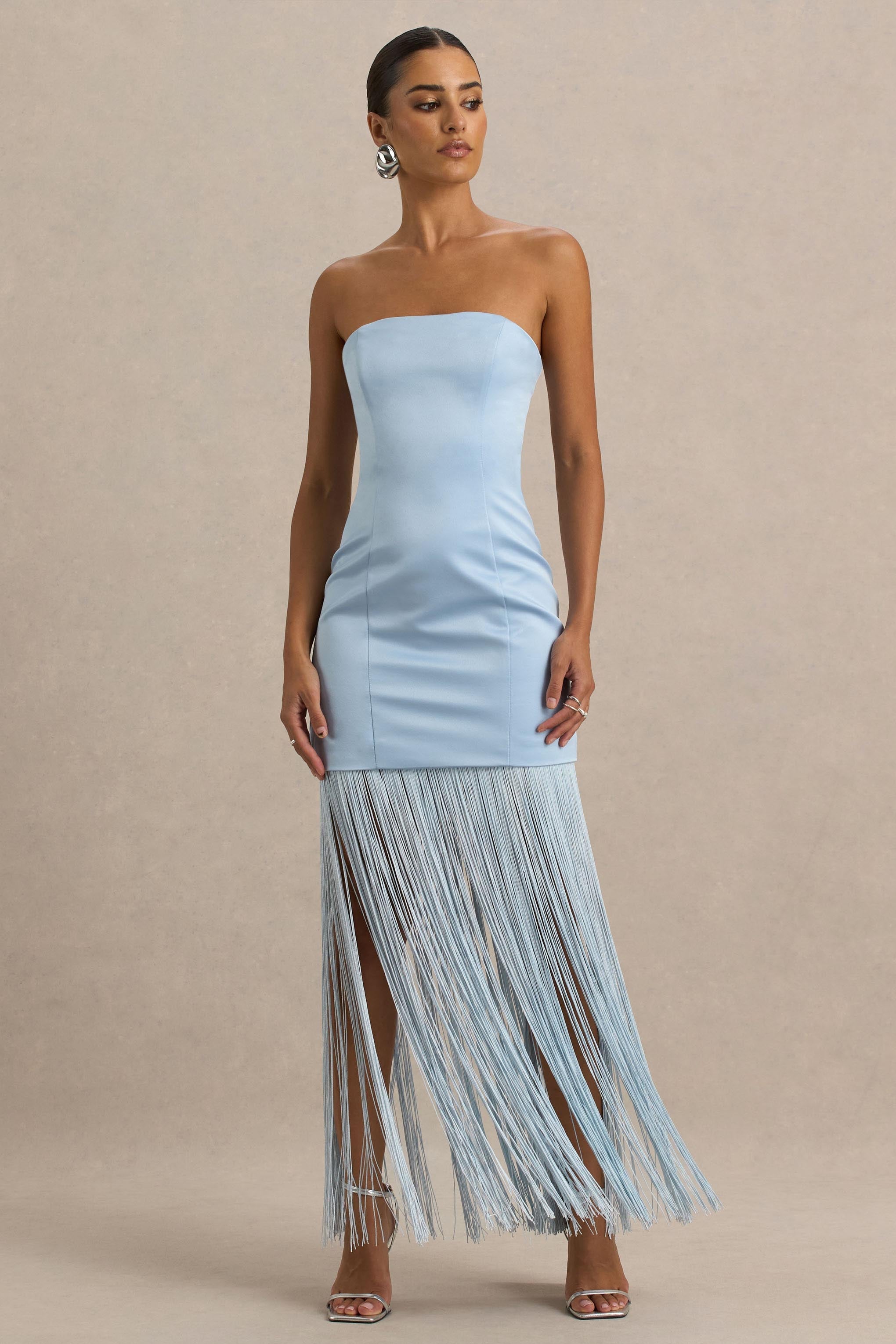 Trinity | Powder Blue Satin Bandeau Maxi Dress With Fringe-Sowoom