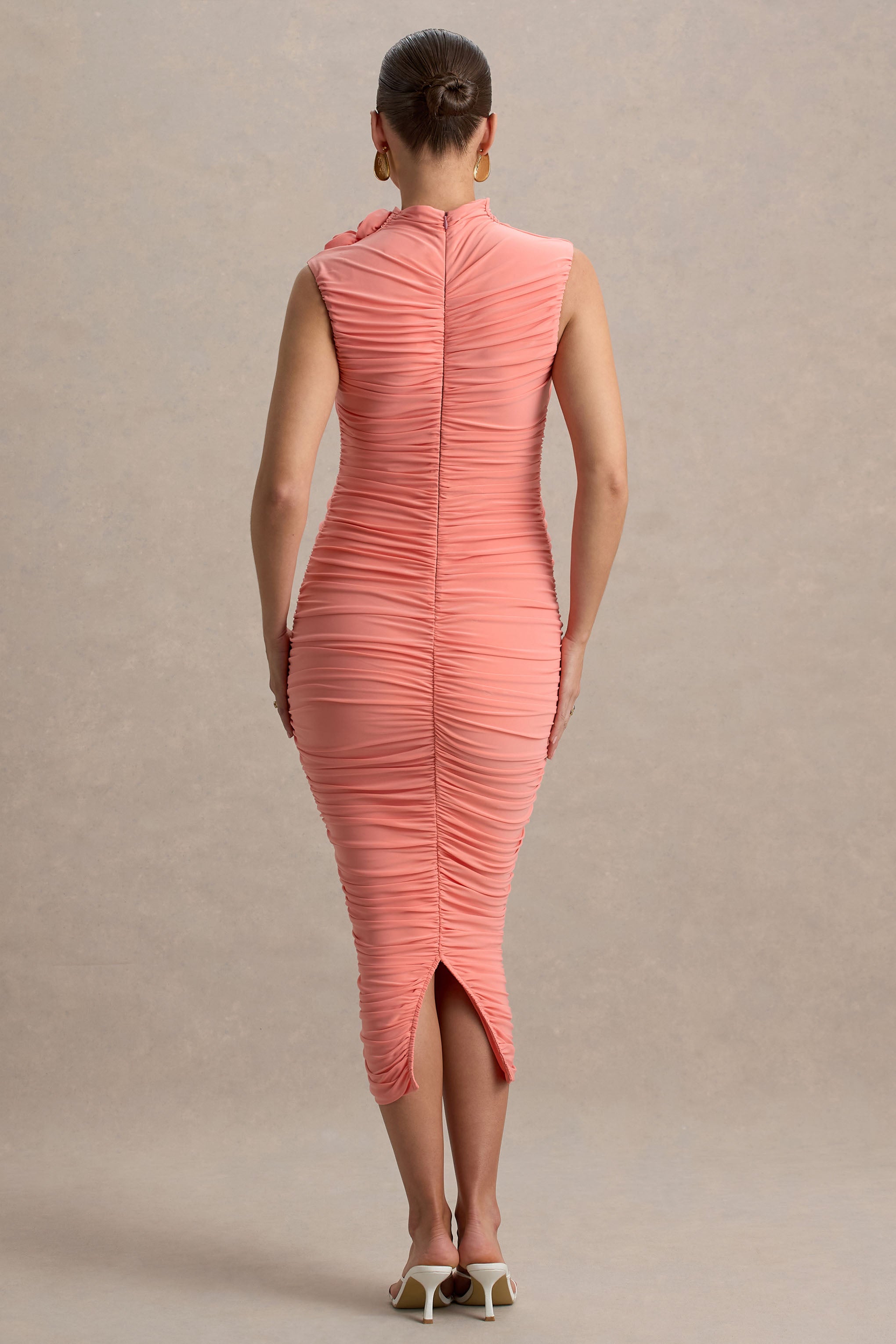 Shellie | Coral High-Neck Maternity Midi Dress With Corsage Detail-Sowoom