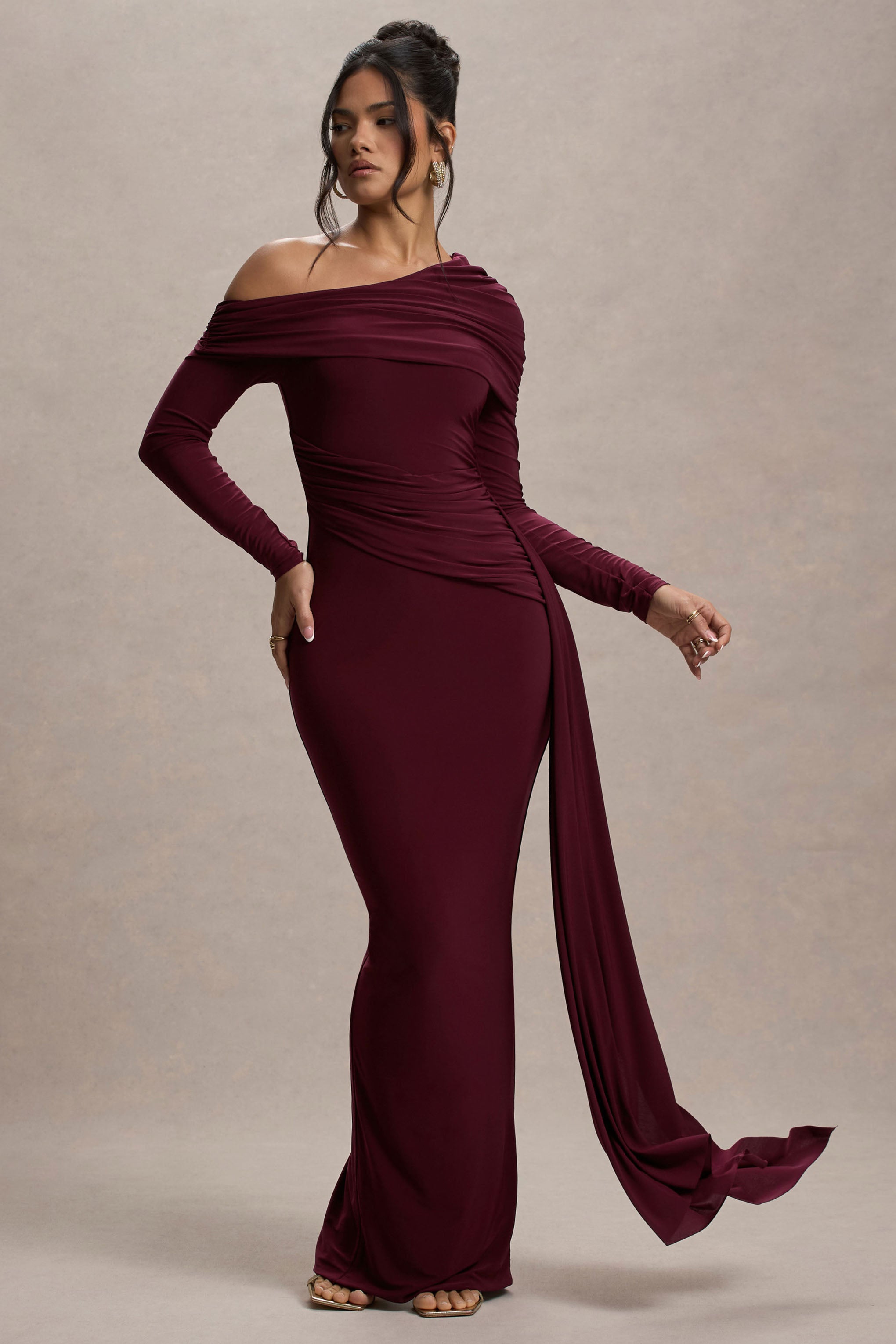 Valina | Burgundy Ruched Asymmetric Maxi Dress With Drape-Sowoom