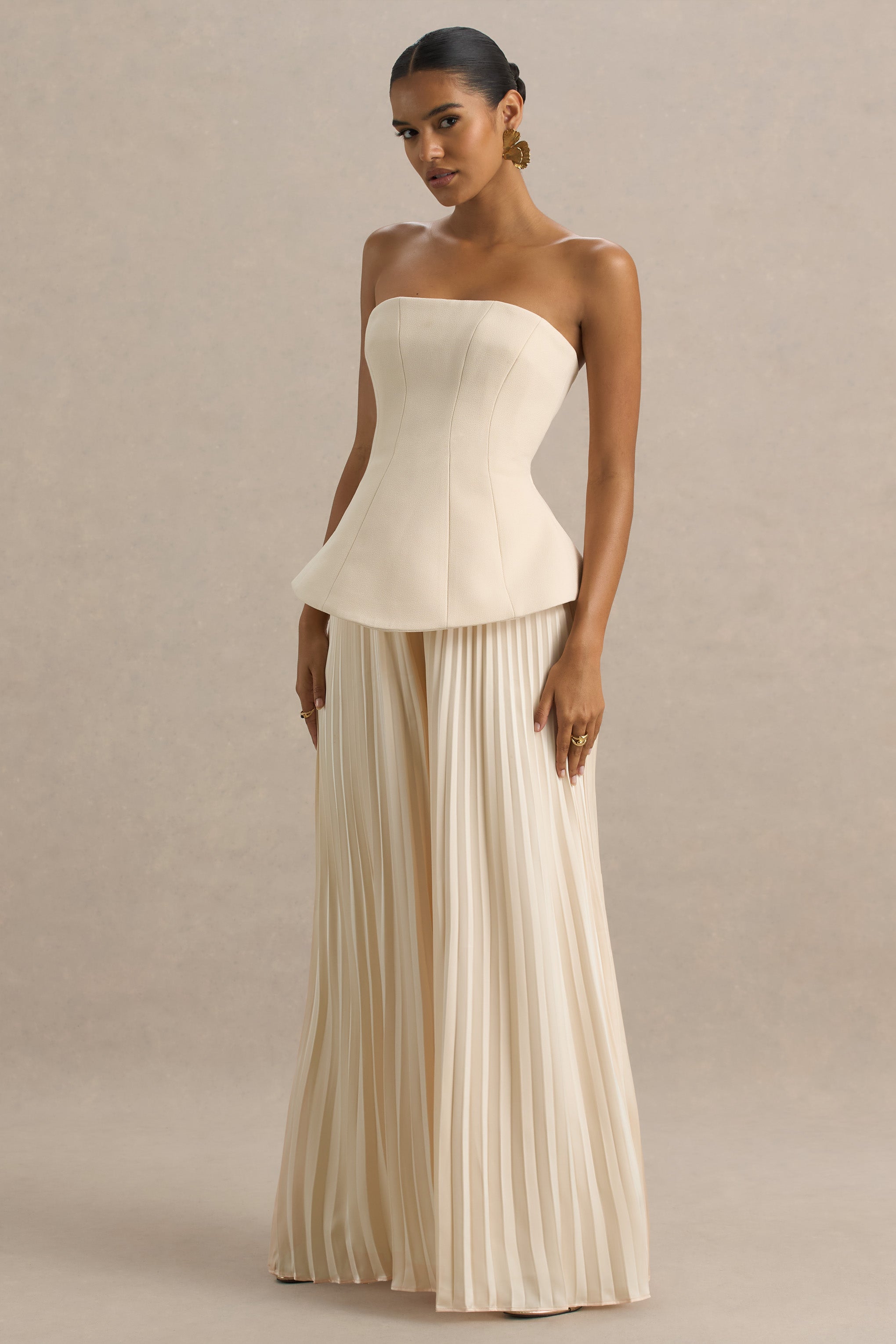 Feeling Good | Nude Bandeau Jumpsuit With Pleated Trouser-Sowoom