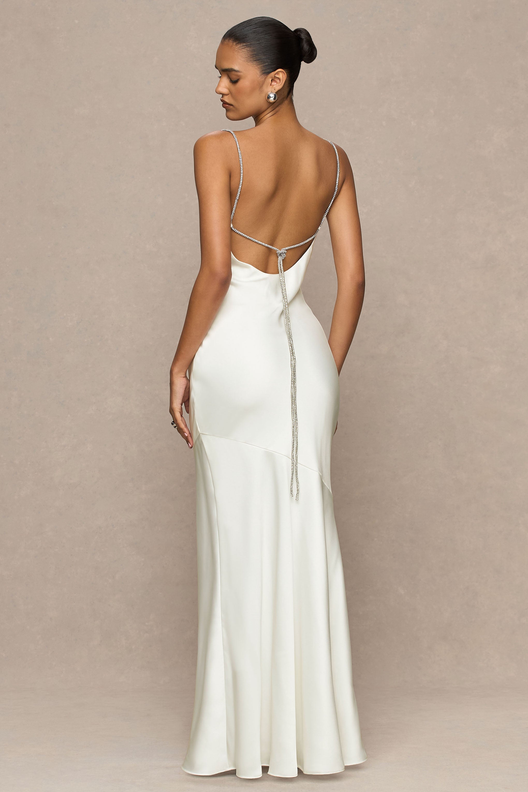Maelia | Cream Satin Cowl-Neck Maxi Dress With Diamante Straps-Sowoom