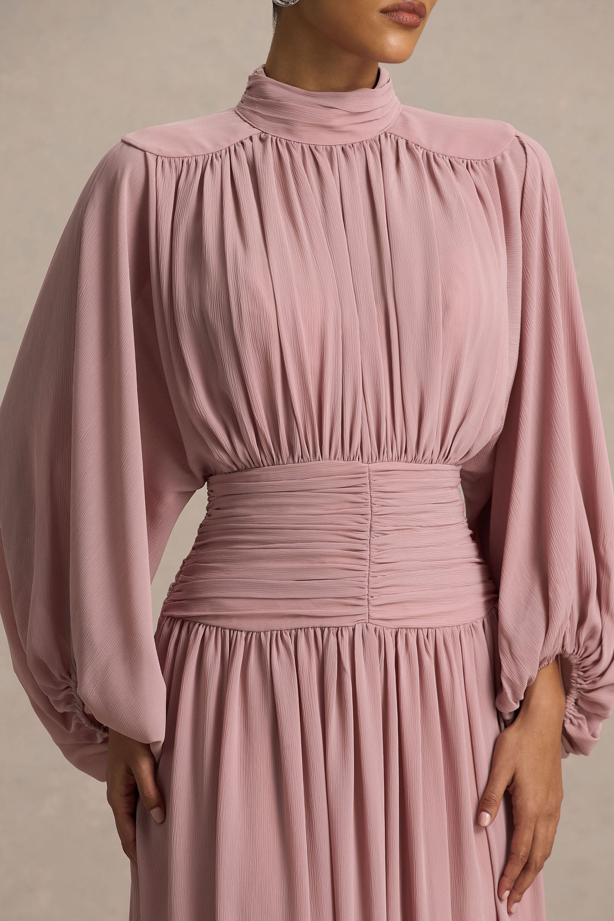 Annabel | Dusty Pink High-Neck Midi Dress With Drop-Waist And Pleated Detailing-Sowoom