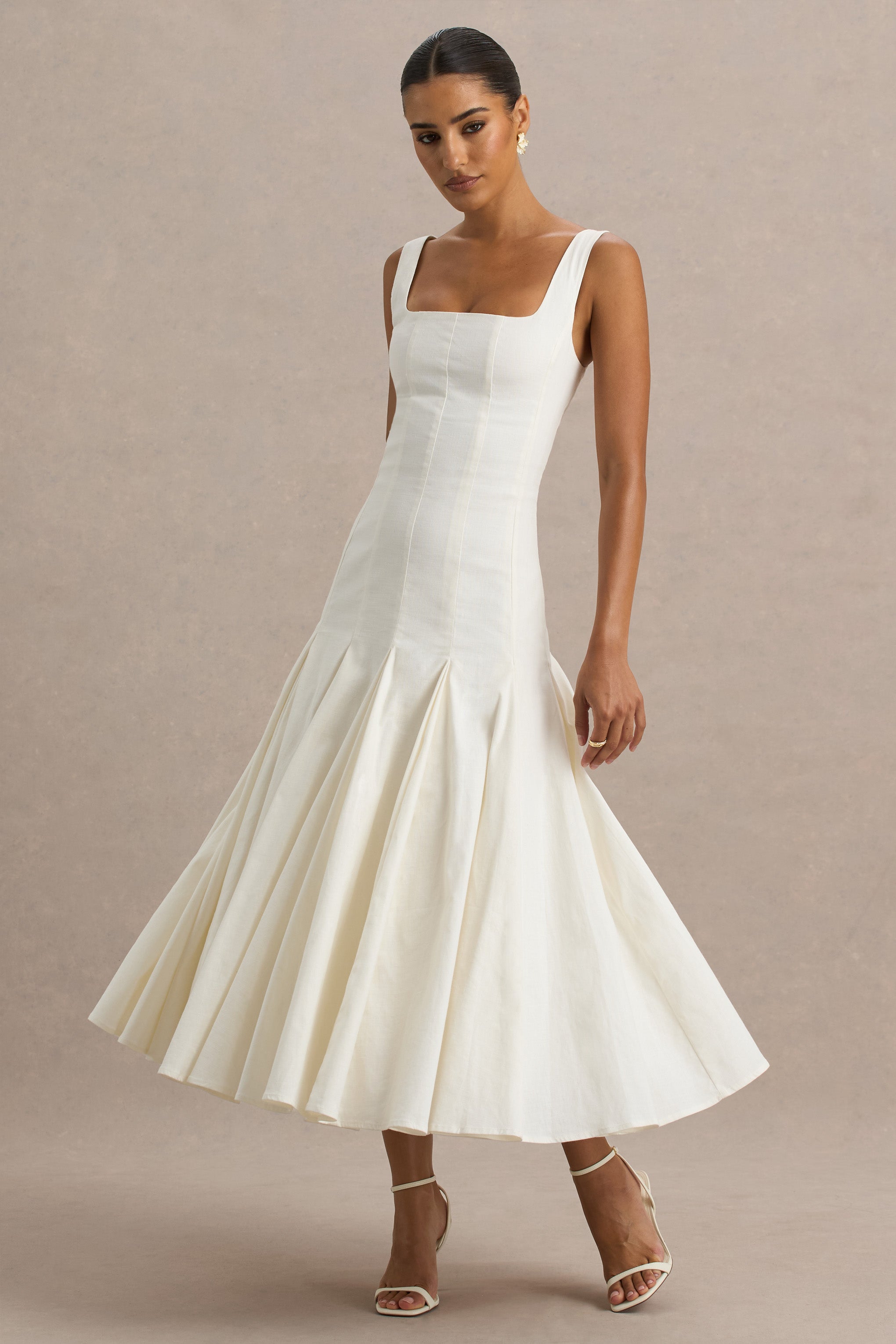 Magnolia | White Scoop-Neck Midi Dress With Drop-Waist And Ruffling Detail-Sowoom