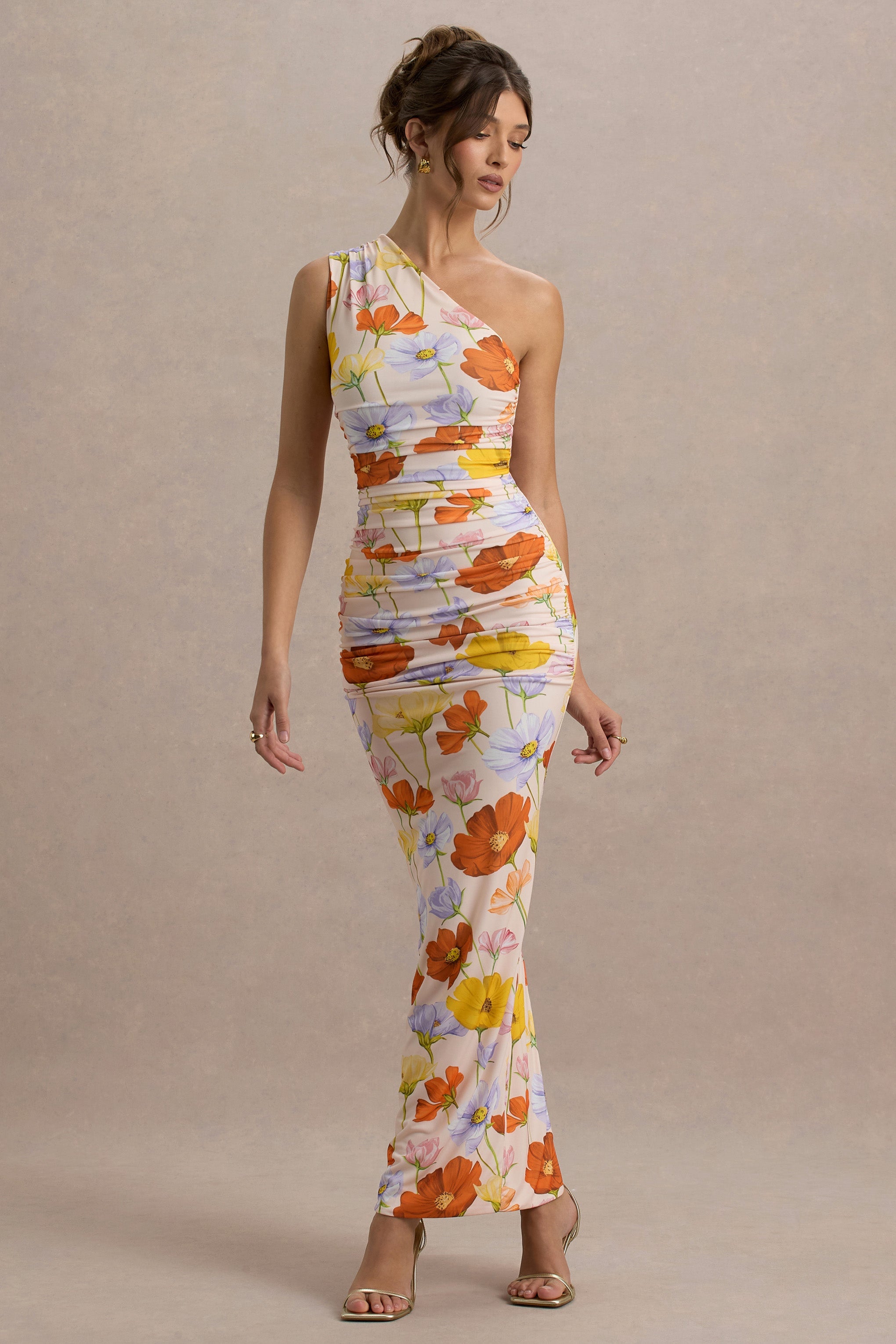Dalarie | Bright Floral Print One-Shoulder Gathered Maxi Dress-Sowoom