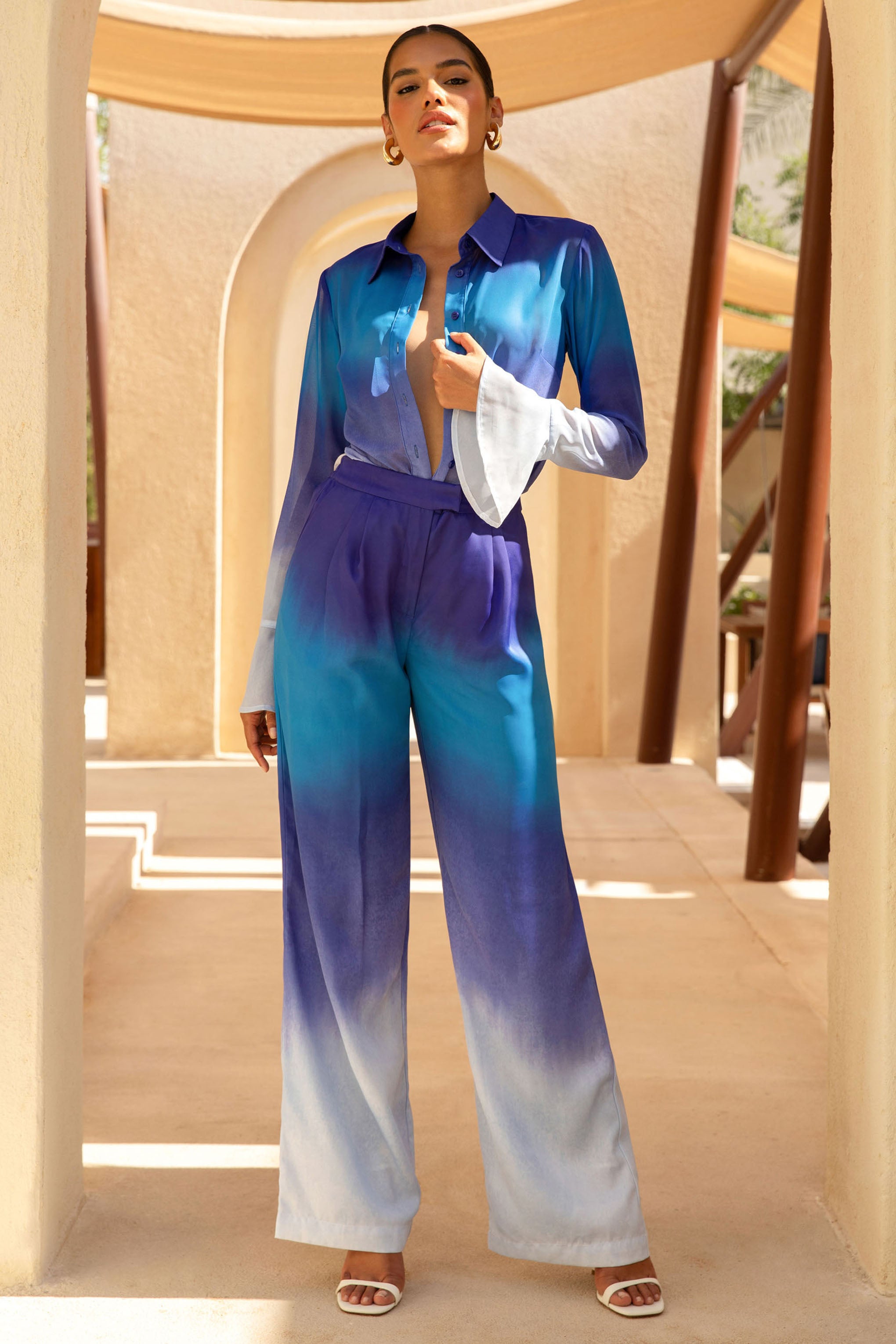 Last Light | Blue Ombre Satin Wide-Leg Trousers-Sowoom