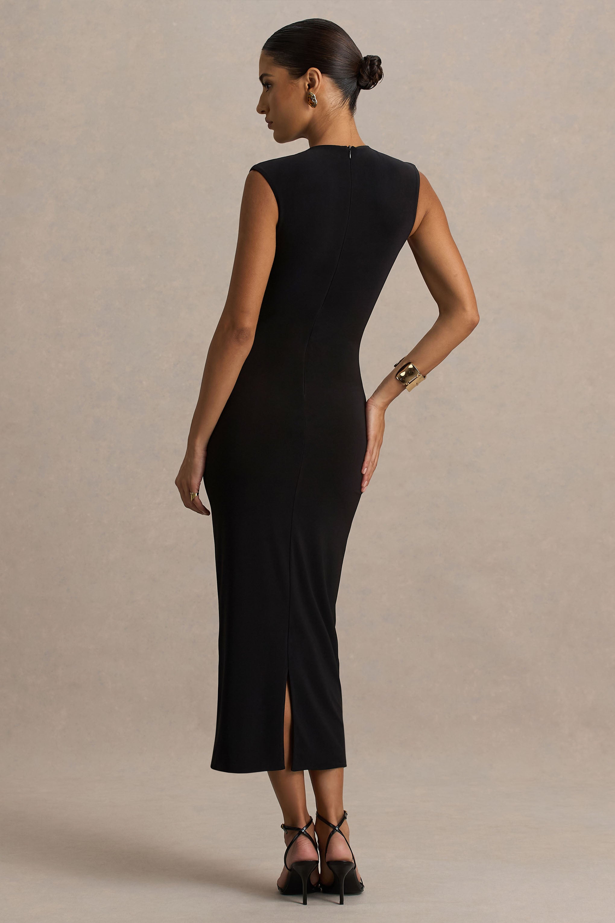 Harlow | Black Crew-Neck Wrapped Midi Dress-Sowoom