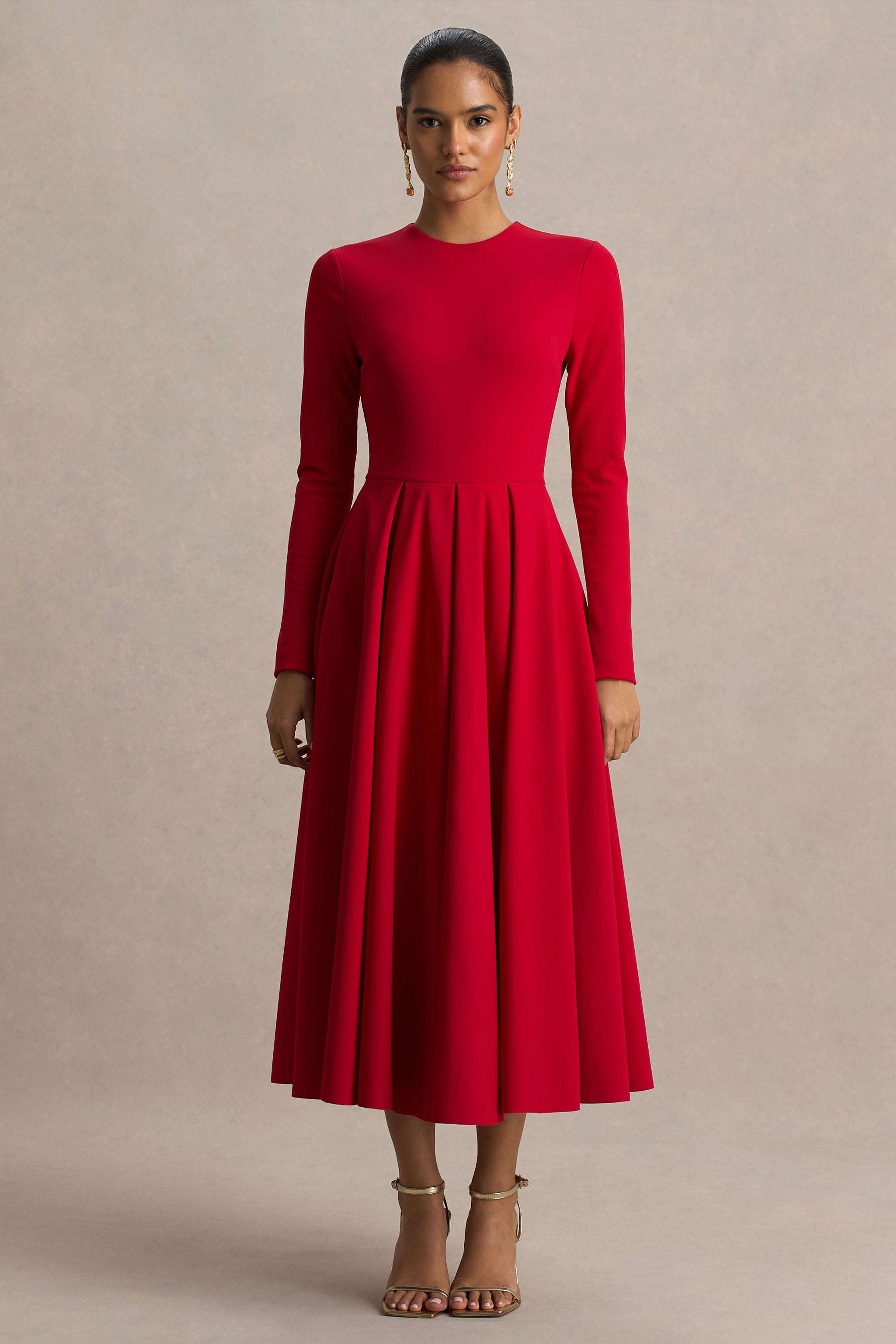 Bellamy | Red Crew-Neck Long-Sleeve Midi Dress-Sowoom