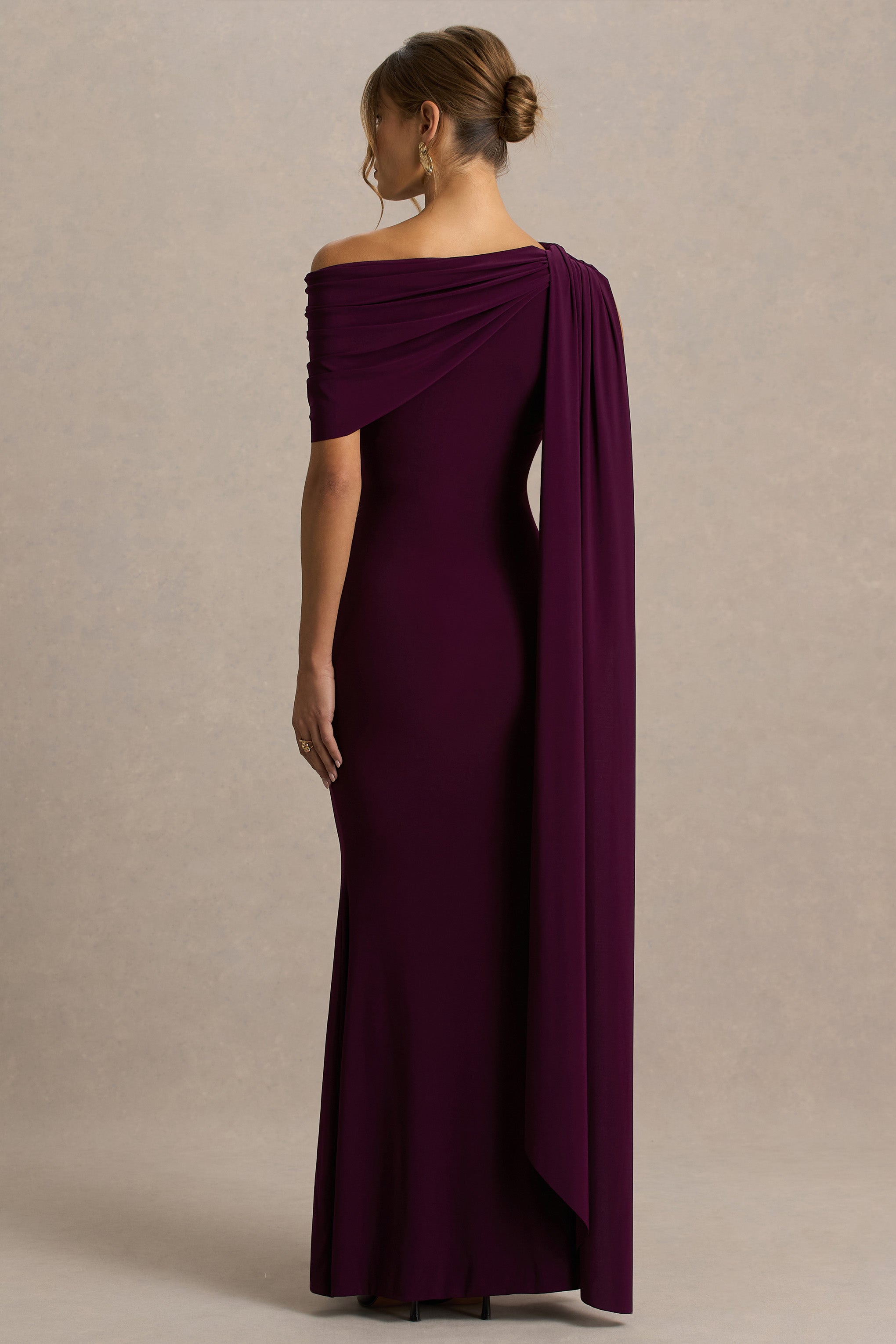 Tiana | Dark Plum Asymmetric-Neck Maxi Dress With Draped Detail-Sowoom