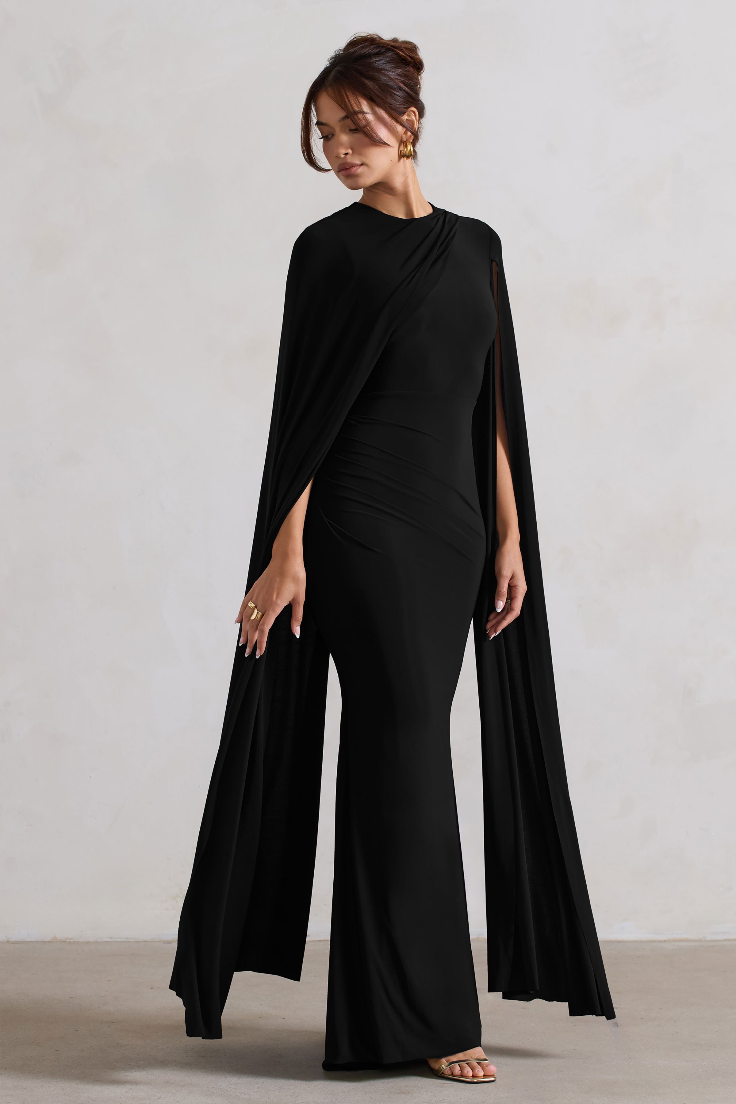 Magdelena | Black Asymmetric Cape Maxi Dress-Sowoom