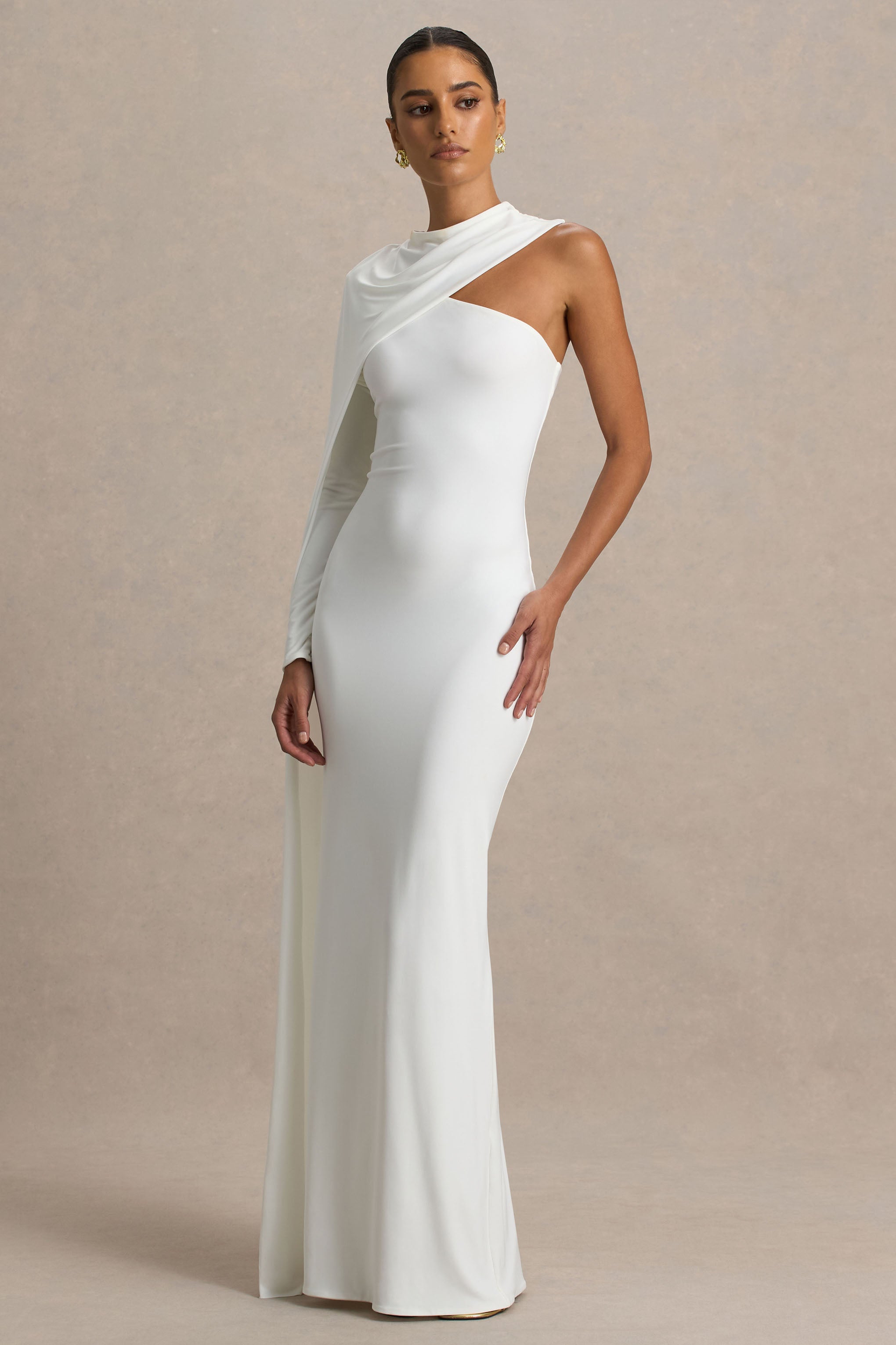 Dawn | Cream High-Neck Maxi Dress With One Long Cape-Sleeve-Sowoom
