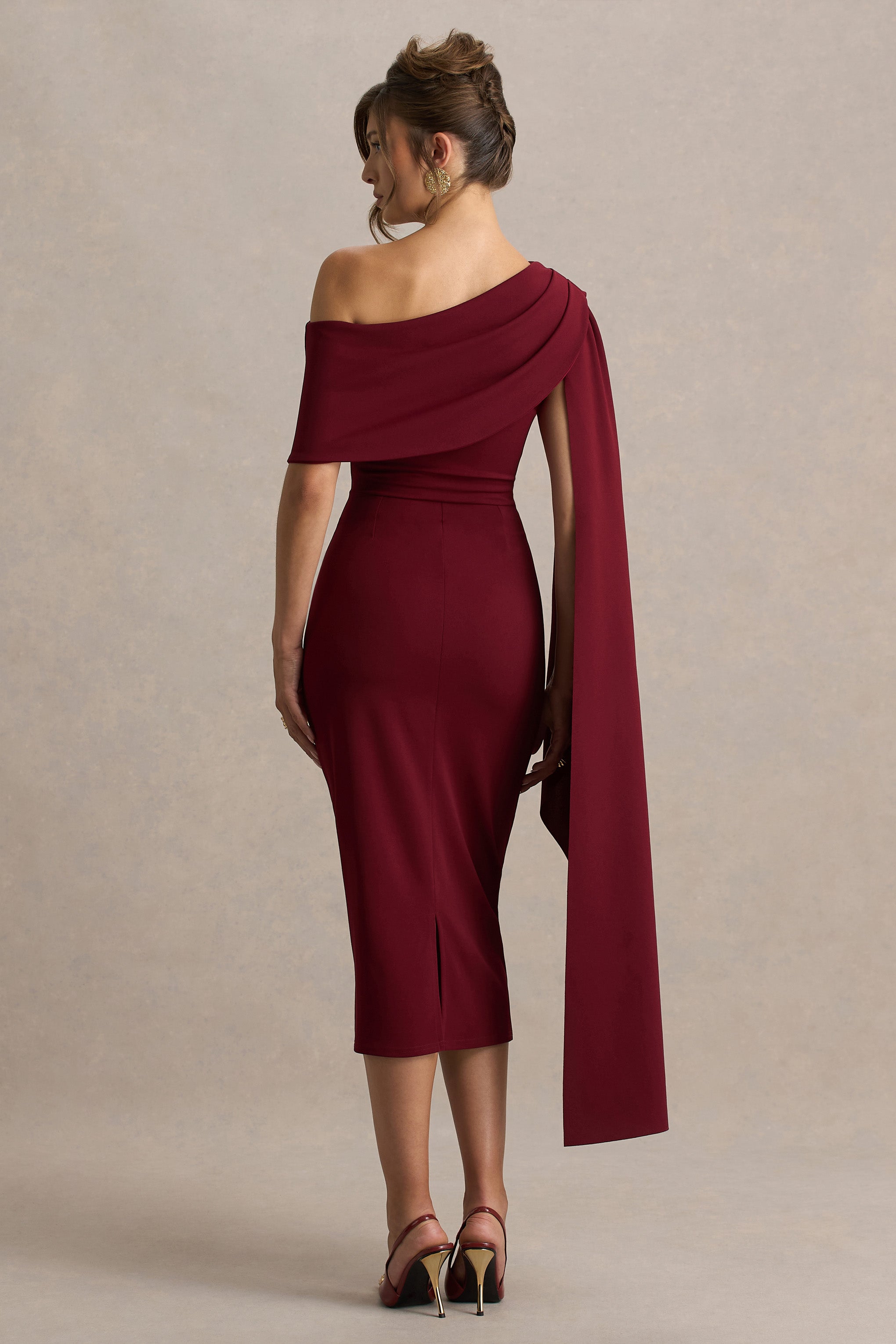 Leah | Burgundy Asymmetric-Neck Midi Dress With Cape-Sleeve-Sowoom