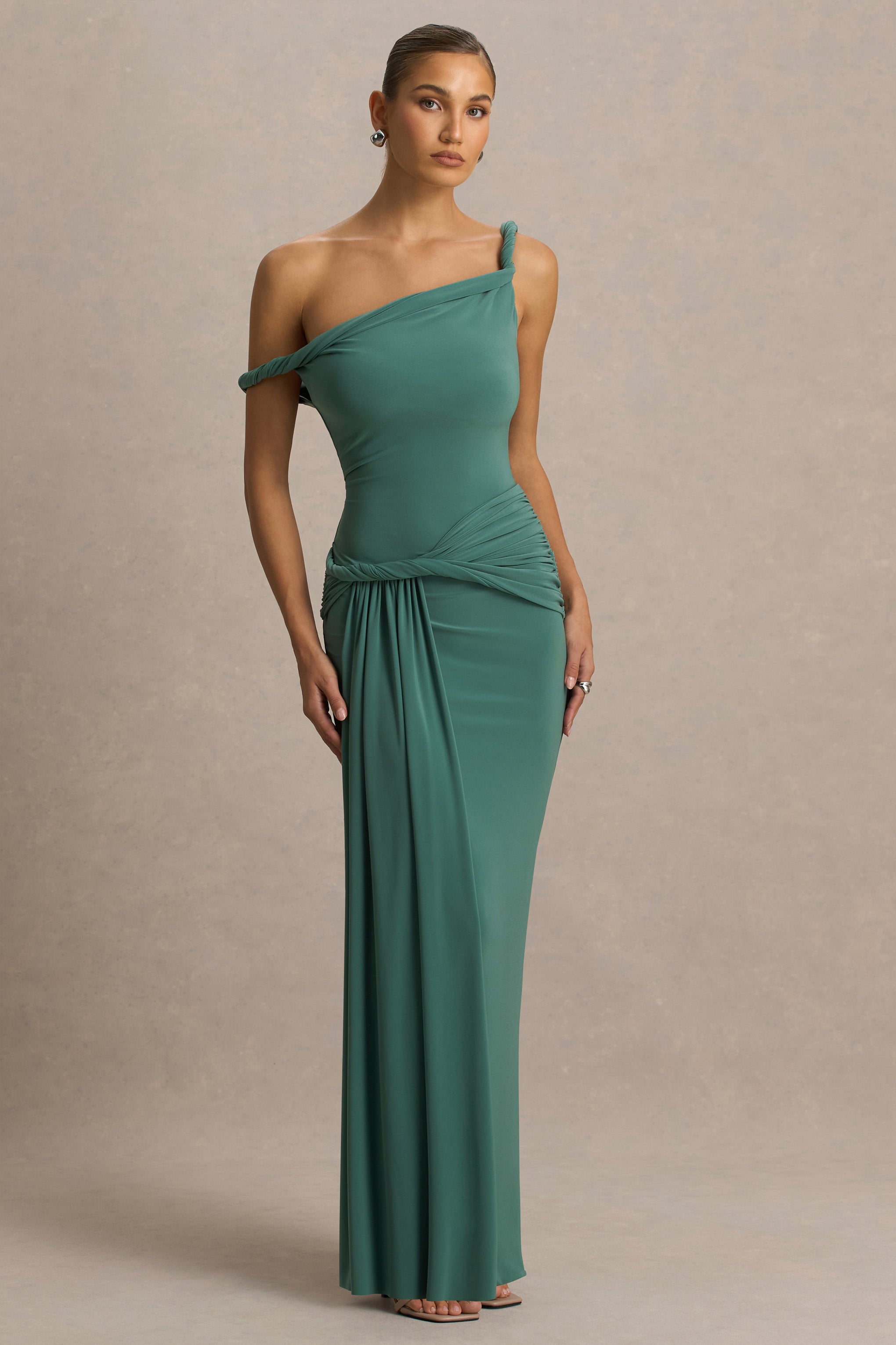 Tulisa | Green Asymmetric-Neck Maxi Dress With Twist Sleeves And Ruched Detailing-Sowoom
